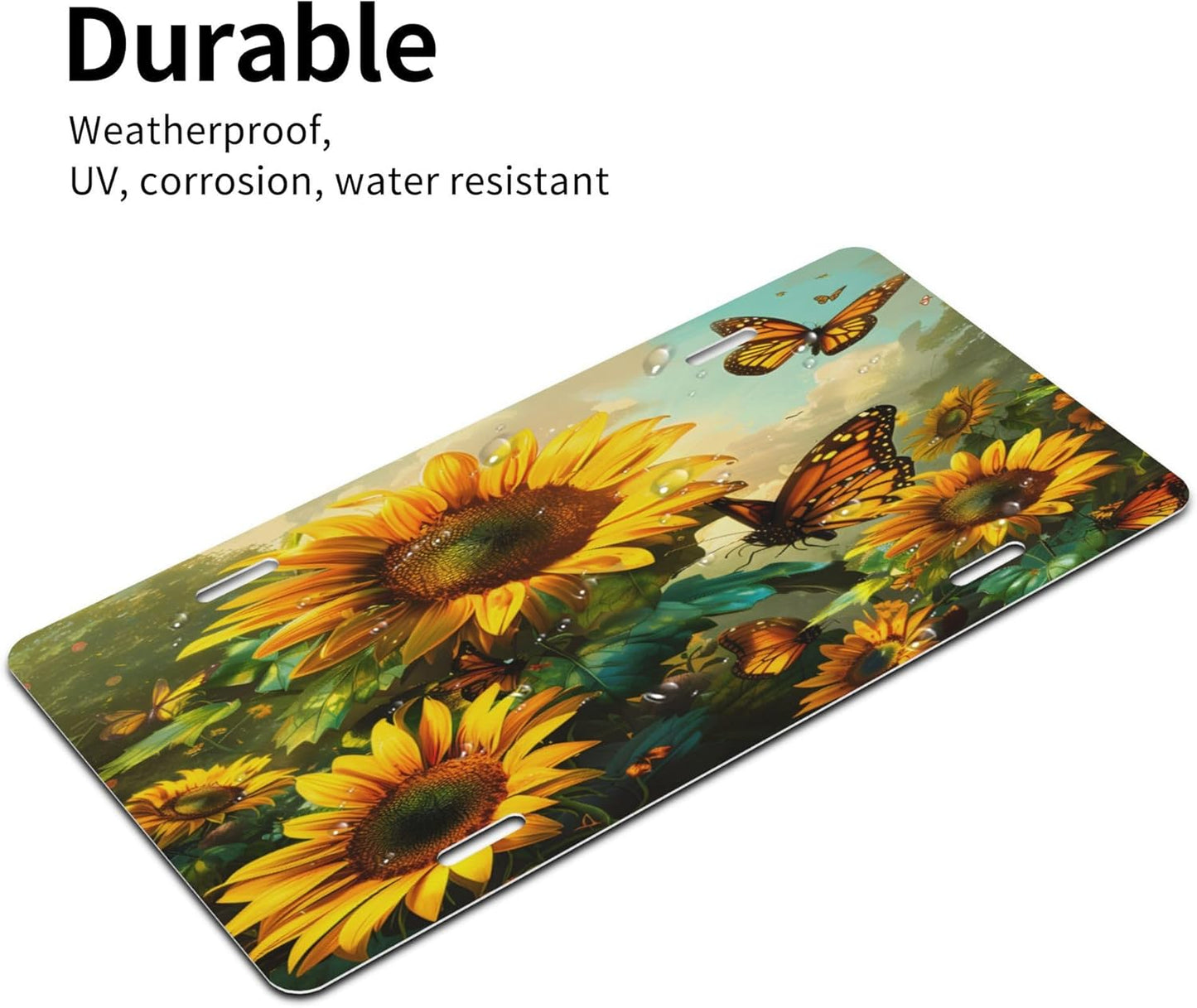 Front License Plate for Car Designs Sunflower Flower Butterfly Stainless License Plate Cover Holder for Men Women Metal Aluminum Decorative Accessory Vanity Tag Standard 6 X 12 inch (4 Holes)