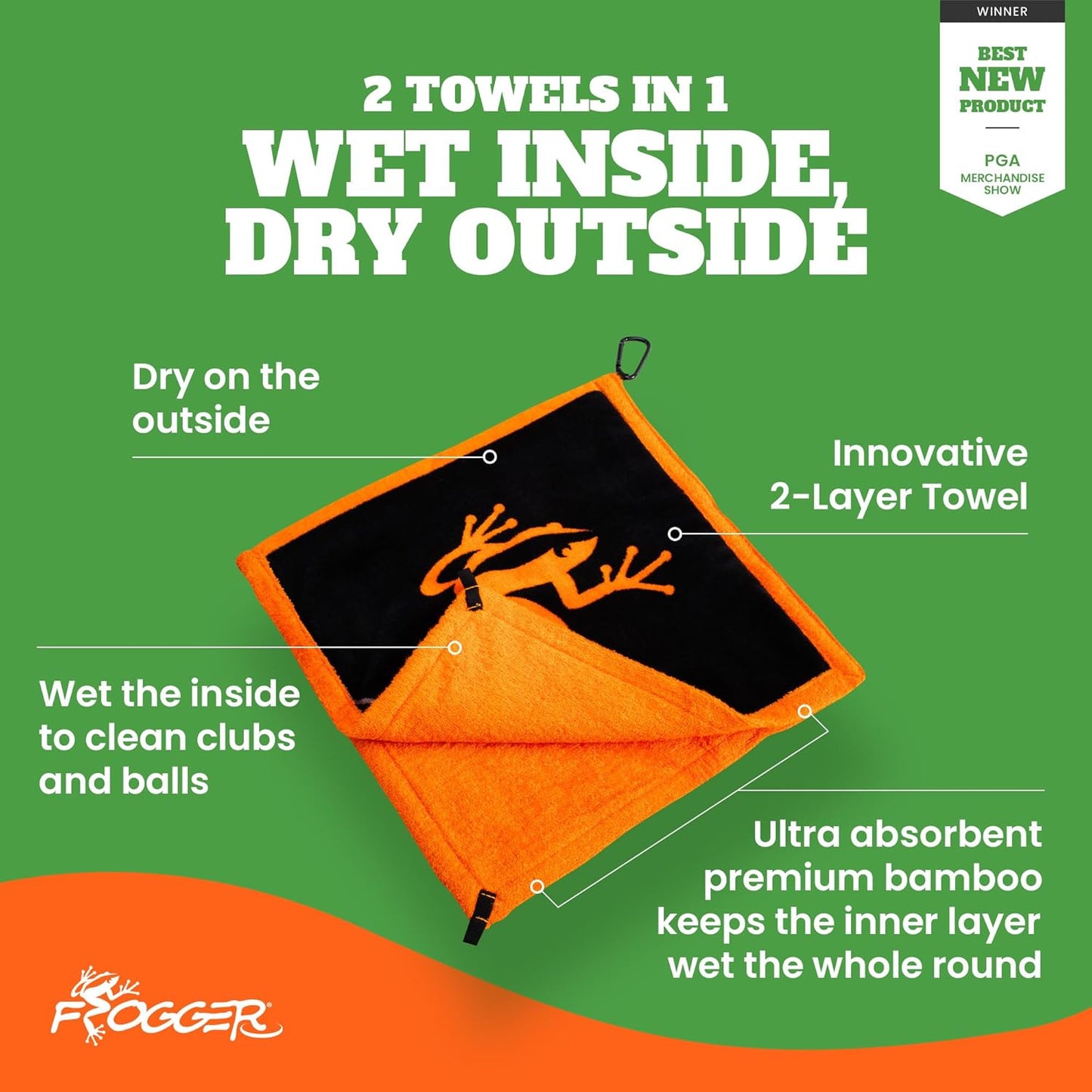 Frogger Amphibian 2-in-1 Golf Towel with Wet and Dry Technology, Blue/Black, Premium Golf Bag Accessory with Carabiner Clip, Ultra Absorbent, for Golf Dads