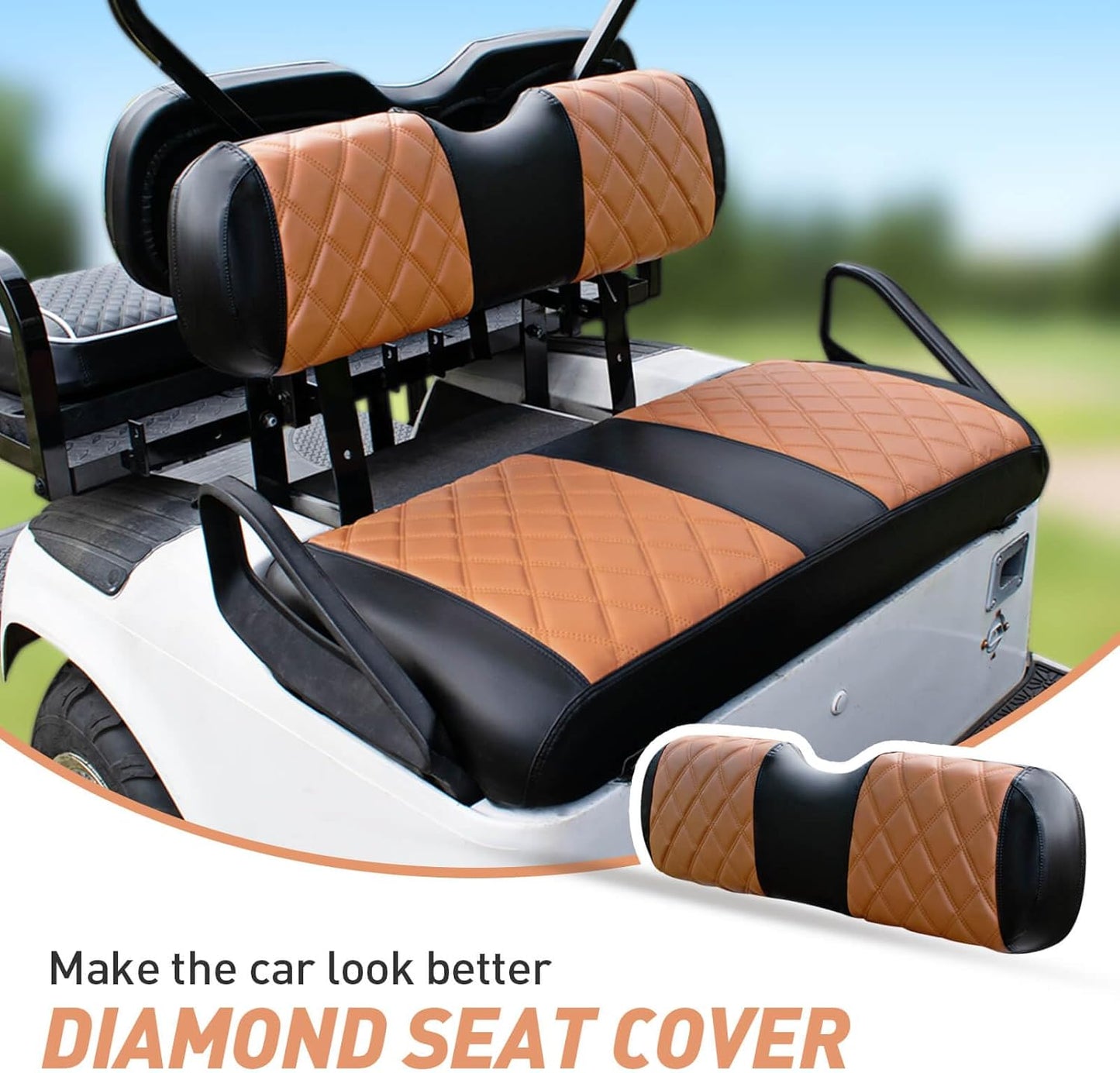 NOKINS Golf Cart Diamond Seat Covers Kit, Fit for EZGO TXT 1994-2013/EZGO RXV OEM Standard Front Seat Cushion, Golf Cart Vinyl Seat Cover, No Nails Required (Brown and Black)