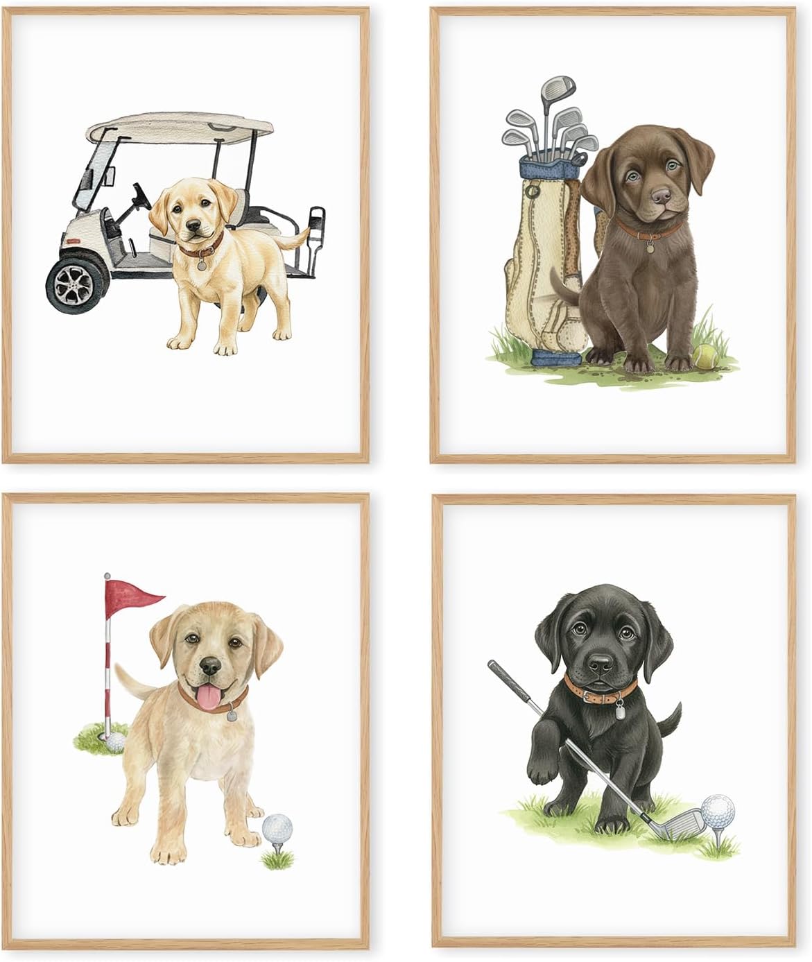 Boat Wades Labrador Retriever Puppy Golf Wall Art Prints Set of 4, Gifts for Labrador Dog Lovers, Funny Lab Dog Golfer Posters Pictures Wall Decor for Home Office Kids Nursery, 8x10 Unframed