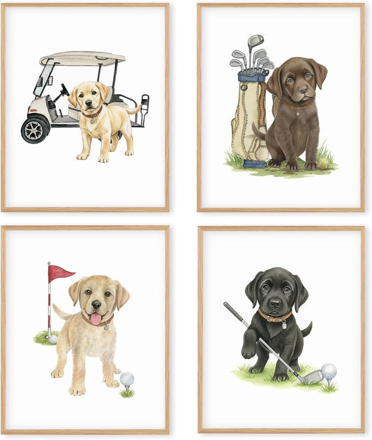 Boat Wades Labrador Retriever Puppy Golf Wall Art Prints Set of 4, Gifts for Labrador Dog Lovers, Funny Lab Dog Golfer Posters Pictures Wall Decor for Home Office Kids Nursery, 8x10 Unframed