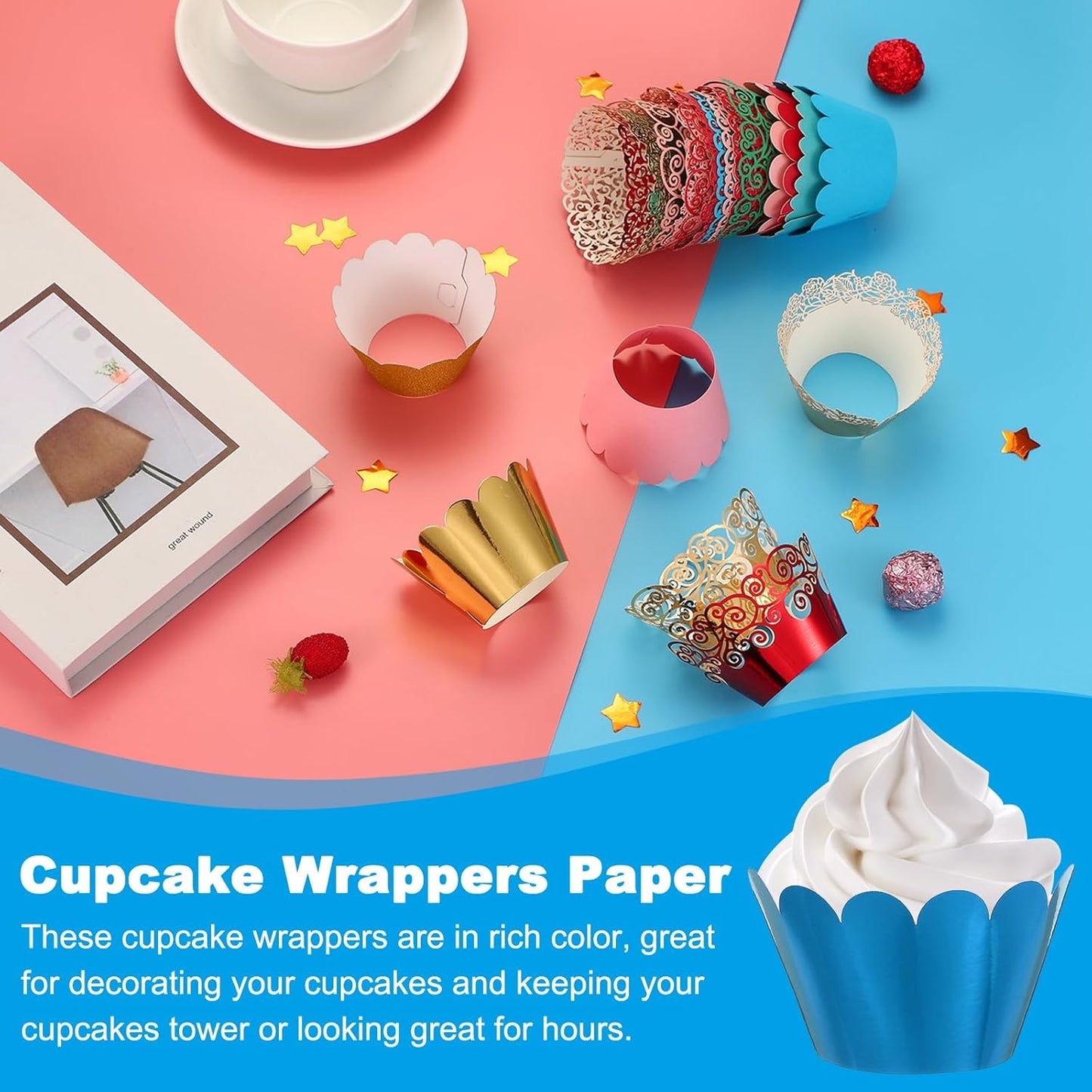 PATIKIL Cupcake Wrappers Paper, 50 Pack Baking Cups Standard Wave Decoration for Anniversary Birthday Weddings and Parties, Reflective Blue