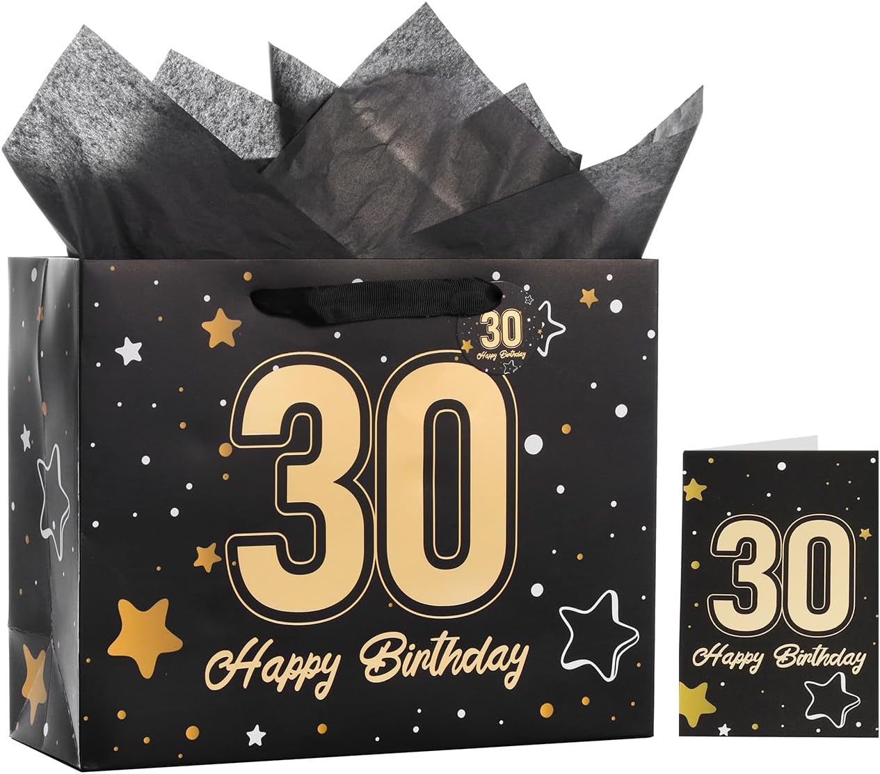 Powbrace 13" Black Happy Birthday Gift Bag with Tissue Paper and Greeting Card for Party,Happy Birthday Gift Bag for Men Women,Gift Bags Medium size(1 Black 30th)