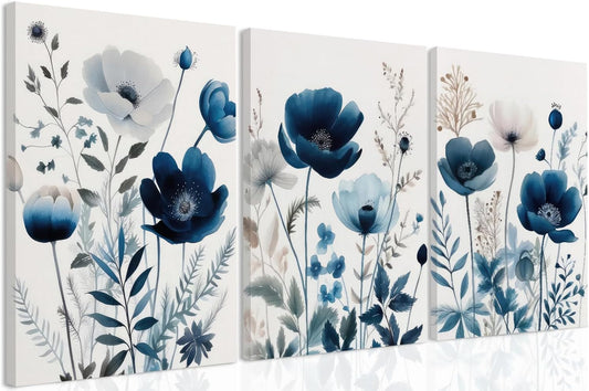 DUWQU 3 Pcs Blue Floral Canvas Wall Art, Elegant Navy Blue Wildflower Lily Daisy Art Wall Decor, Watercolor Botanical Flower Home Poster Art Prints for Living Room Bedroom Bathroom 12×16 Inches