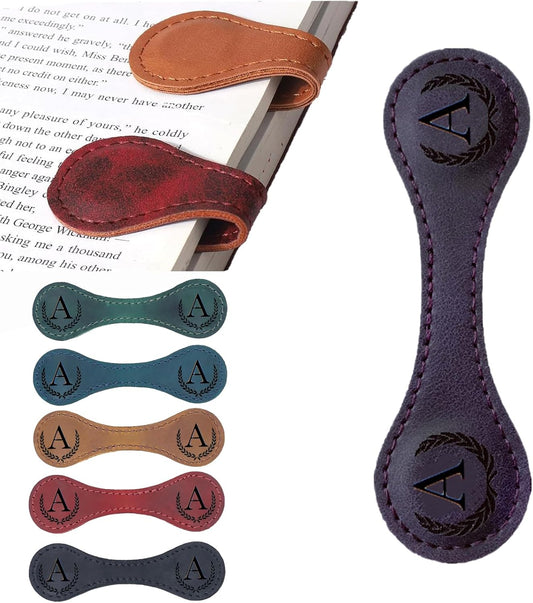 Personalized Magnetic Leather Bookmark, 26 Letters Custom Bookmarks, Handmade for Book Lovers, Readers, Women, Kids (Purple, A)