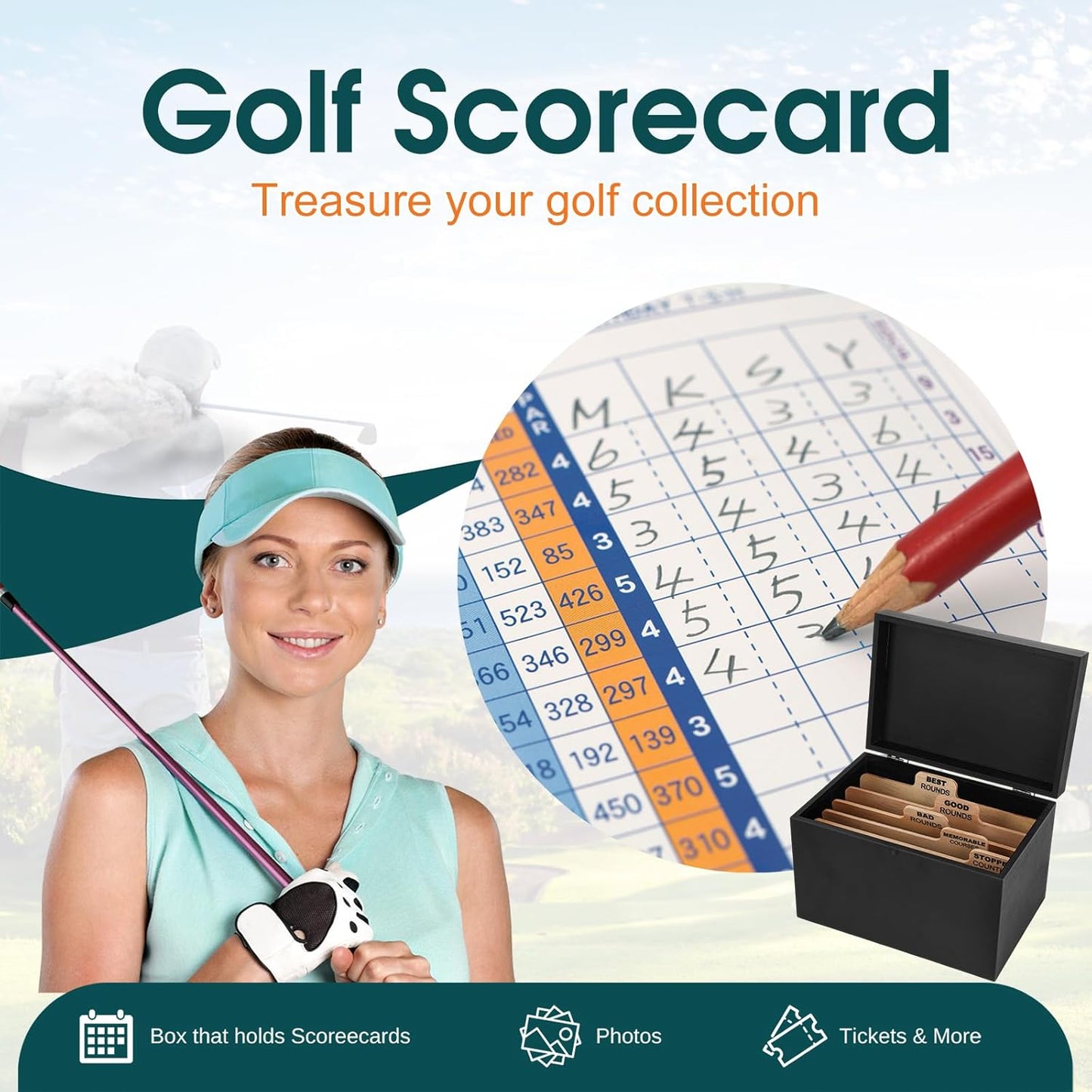 Golf Scorecard Collection Box, Golf Storage Box With 5 Wooden Dividers, Scorecard Keeper For Keepsakes Cards Club Storage Score Book Pencil Log, Unique Golf Gift (Black)