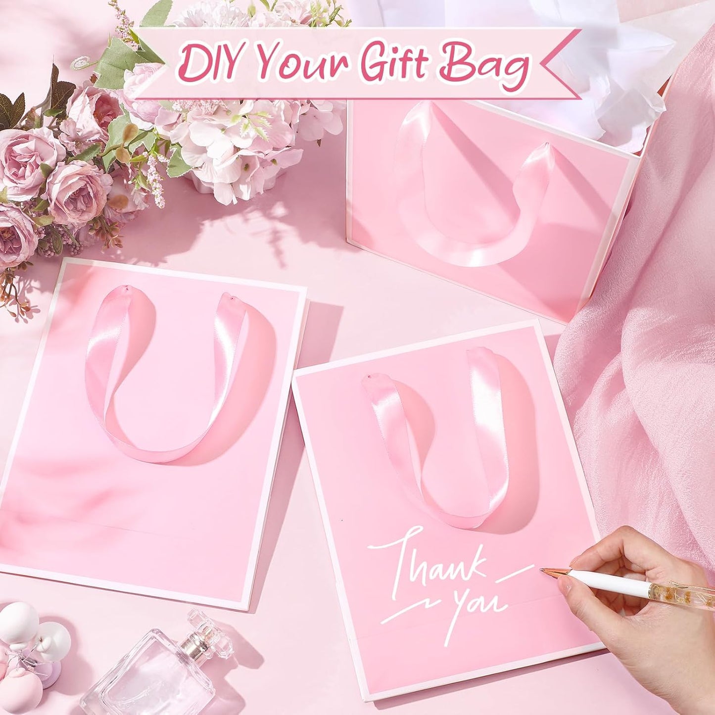 Yeaqee 24 Pack Metallic Paper Gift Bags with Handle and Tissue 9x7x3.1 Gold Foil Welcome Favor Bags Return Gifts for Wedding Fall 5 Senses Christmas Bridesmaid Birthday(Pink and White)