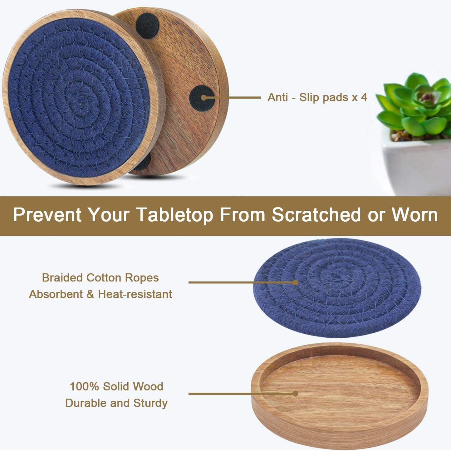 6 Pack Coasters for Drinks Absorbent, Wooden Coasters for Coffee Tables, Cup Mat for Kitchen, Farmhouse, Bar, and Office 4.3 inches (Dark Blue)