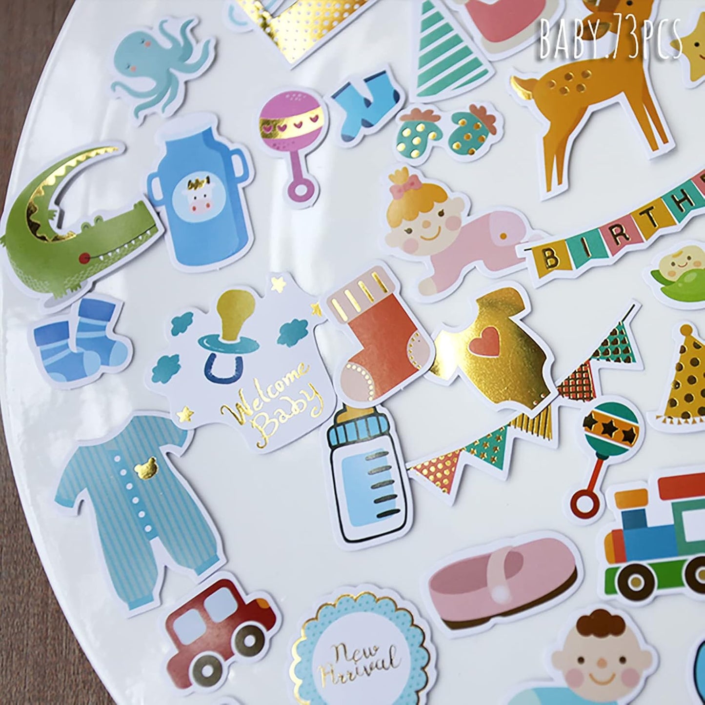 Doraking 73PCS Baby Loves Foil Gold Decorative Stickers for Scrapbook Journals Birthday Party Invitation Cards Kids Gift Wrap Stickers, Doraking No-Repeat Cute Cartoon Stickers (Baby)
