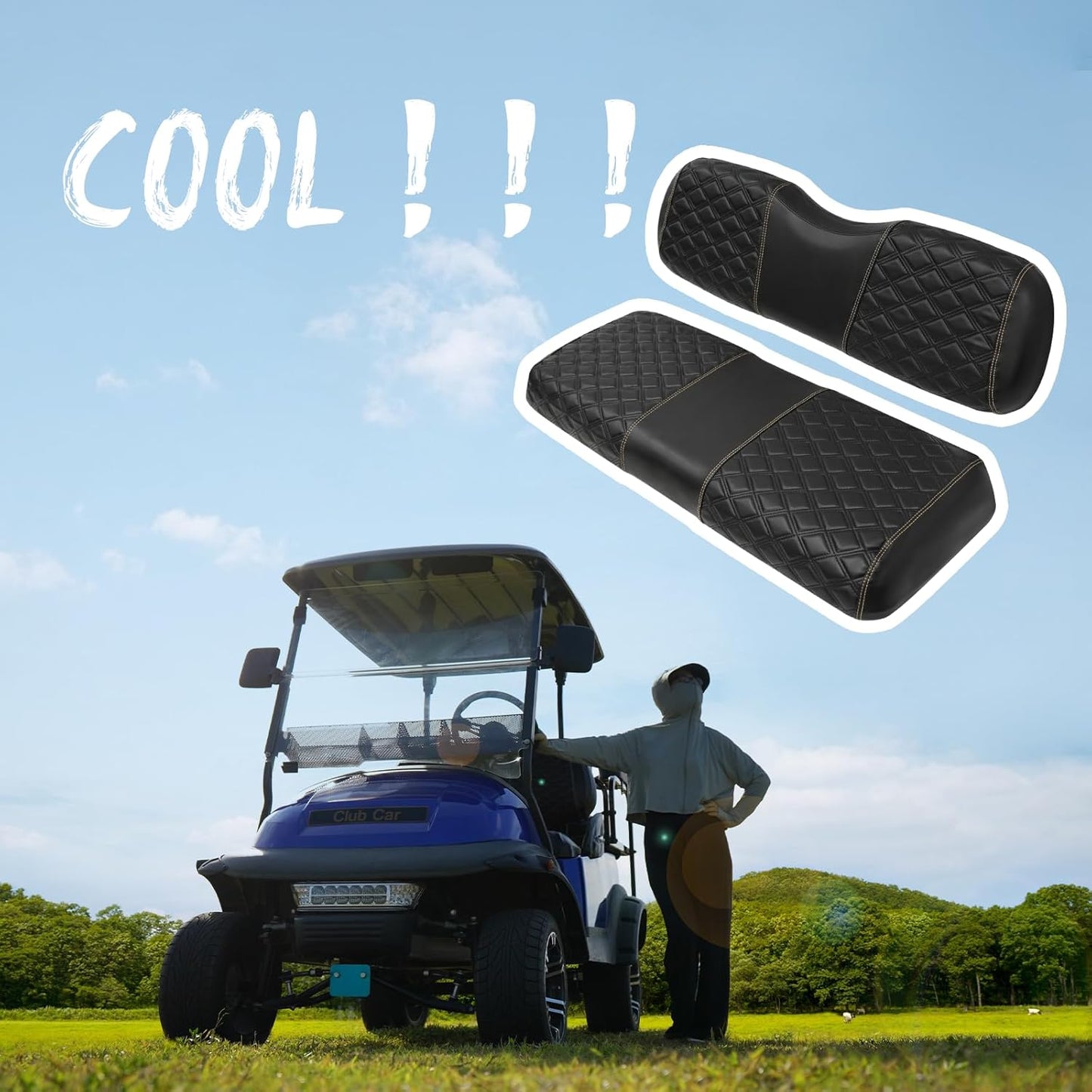 Golf Cart Front Seat Covers Waterproof Vinyl Leather Seat Cover Accessories for EZGO TXT/RXV Club Car DS/Precedent Yamaha G29/Drive Aftermarket Rear(2PCS) (for Aftermarket Rear, Black)