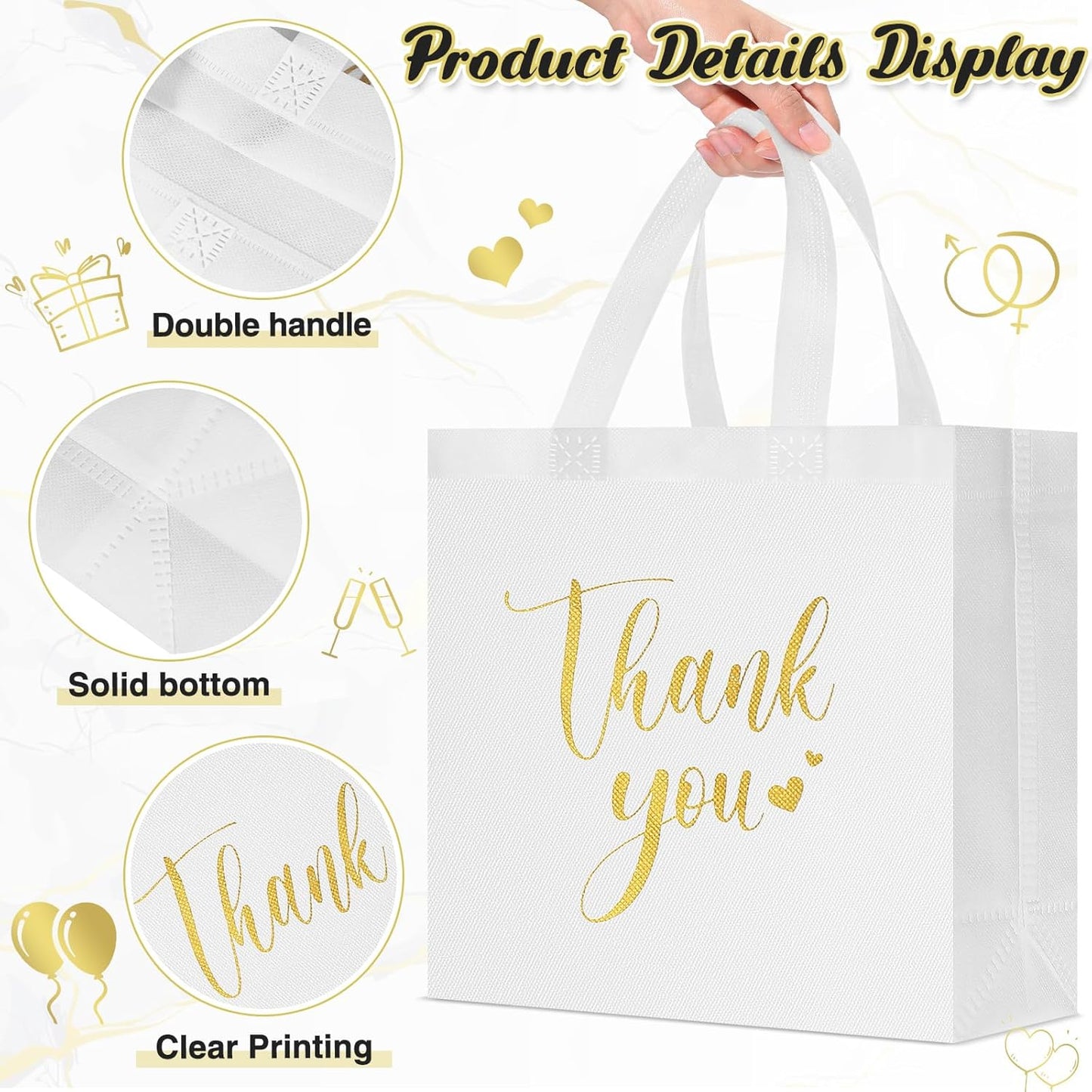 Sweetude 30 Pcs Thank You Gift Bags with Handles Bulk Reusable Goodie Bag Non Woven Foldable Handbag for Graduation Wedding Bridesmaid Gifts(11 x 12 x 5 Inch,Black, White)