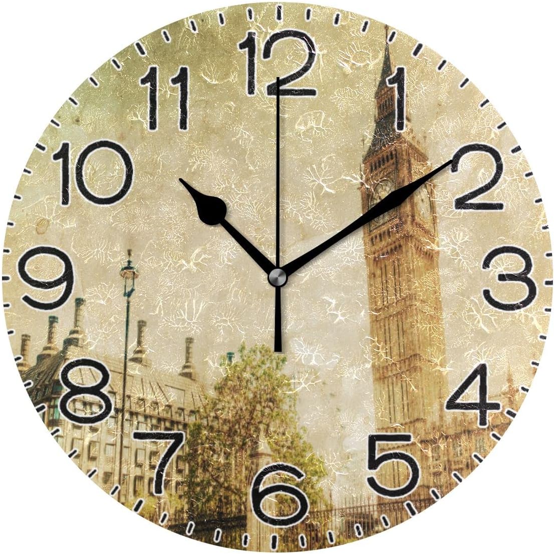 Vintage London with Big Ben Wall Clock Battery Operated Non Ticking Silent Quartz Analog Rustic Farmhouse Round Clock Retro Decor for Home Kitchen Living Room Bathroom