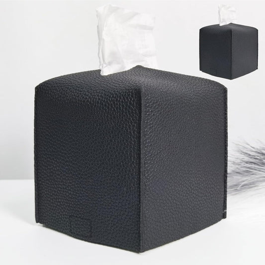 HOMOTEK 2 Pack Tissue Box Cover, Square PU Leather Tissue Holder, Decorative Facial Tissue Cube Paper Organizer Dispenser for Bathroom, Night Stands, Desk, Car 5X5X5'' - Matte Black, Pebble Grain