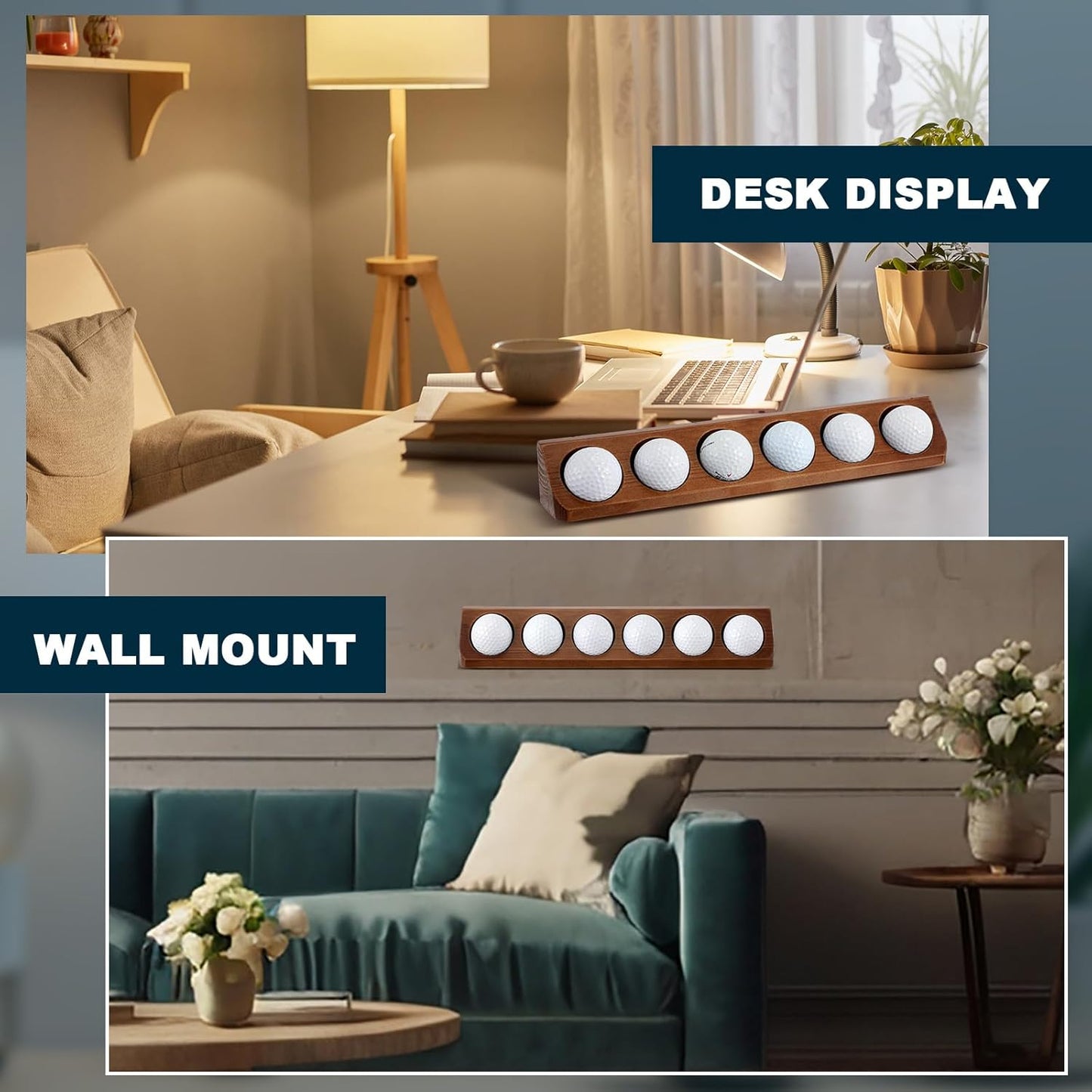 2 Pack Wooden Golf Ball Display Case 6 Standard Size Wall Mount Golf Ball Stand Holder Display for Collector Sport Memorabilia Accessories Gift (Walnut Color)