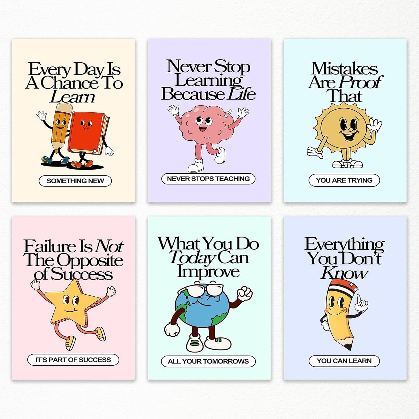 Set of 6 Colorful Growth Mindset Posters, Retro Inspirational Classroom Poster, Motivation Growth Mindset Wall Art for Classroom, Educational Poster for Teachers Bulletin Board 12x16in Unframed