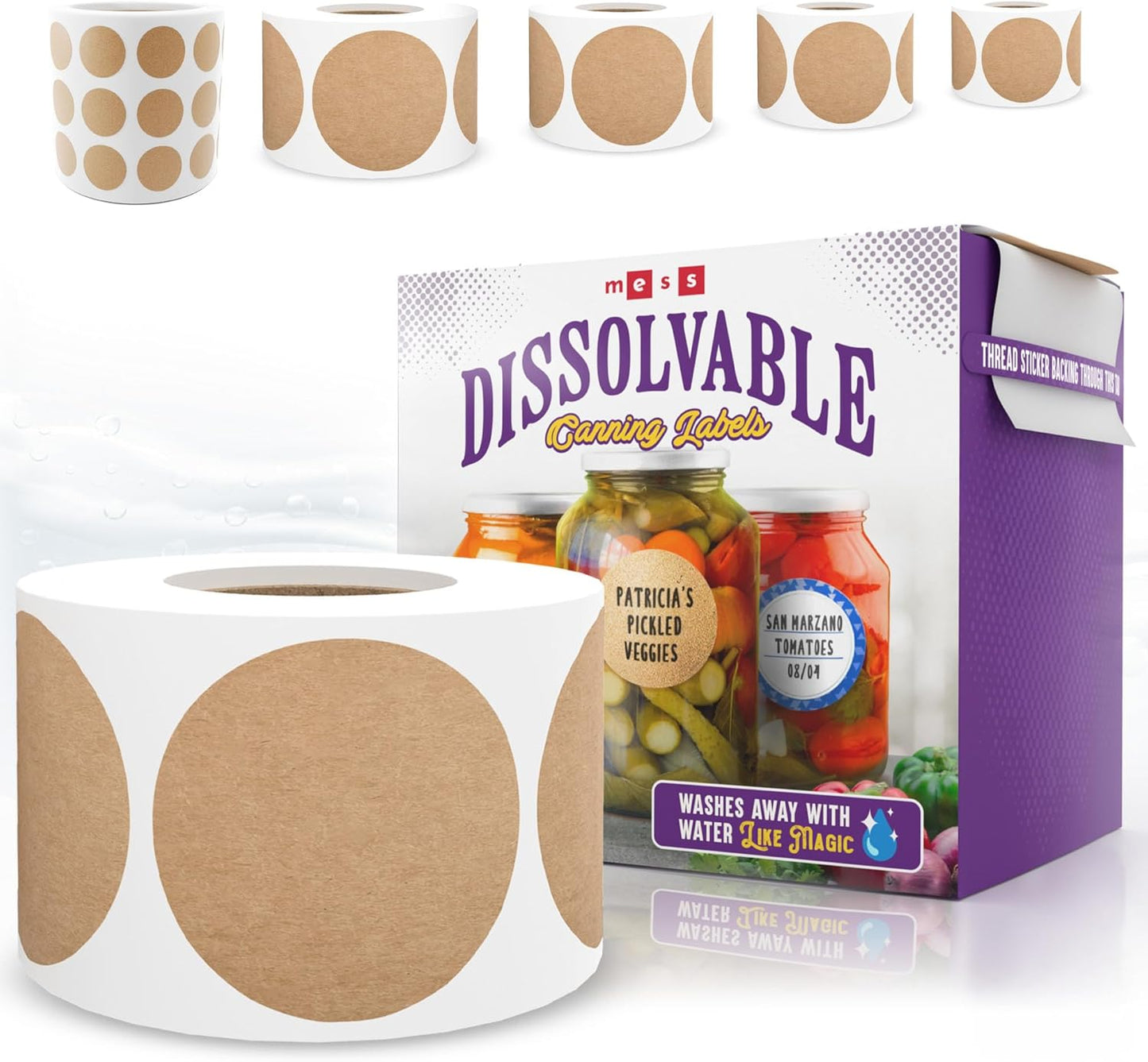 MESS Dissolvable Canning Labels, 1.5" Round, 200-Pack – Removable Kraft Mason Jar Stickers for Homemade Jam, Food Storage & Containers