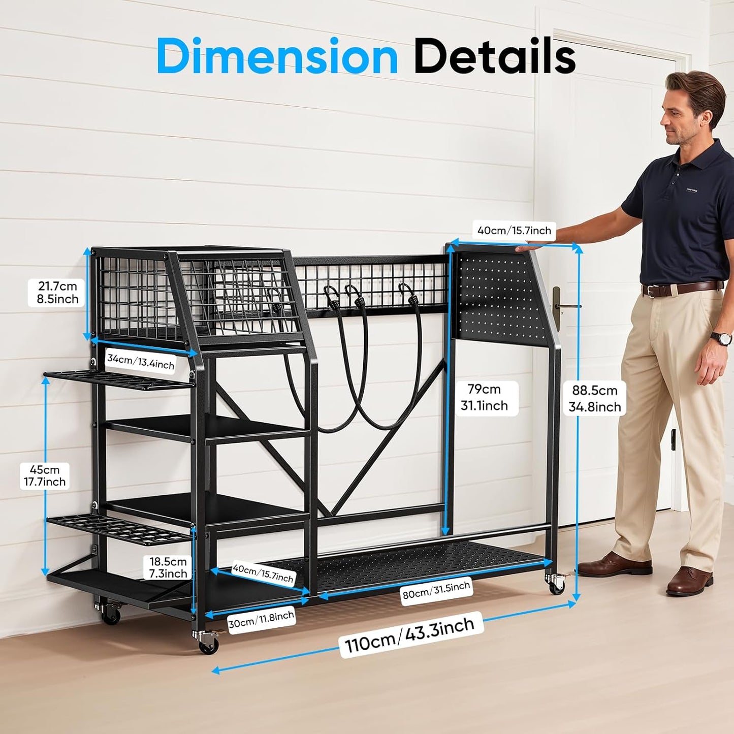 43.3“W Golf Bag Organizer with Wheels, Holds 2 Bags & 27 Clubs, Heavy Duty Thick Frame Garage Storage Rack Cart, High Load Capacity Golf Accessories Stand Holder, Ideal for Garage, Club, Shed