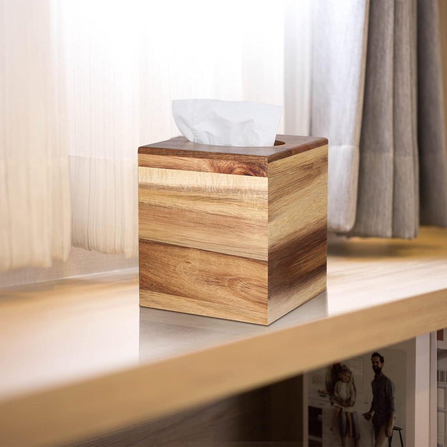 Tissue Box Cover, Acacia Wood Square Tissue Box Holder with Slide-Out Bottom for Bathroom, Bedroom, Dinner Table, Office