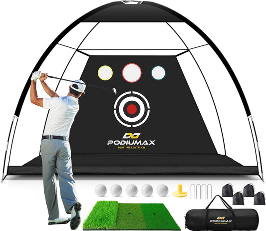 PodiuMax Golf Net, 10x7ft Golf Practice Net and Mat, Noise Reduce Target, 5 Balls, 4 Sandbags, Tee, Carry Bag, Hitting Nets for Backyard Garage, Indoor Driving Chiping, Gift for Men & Golfers