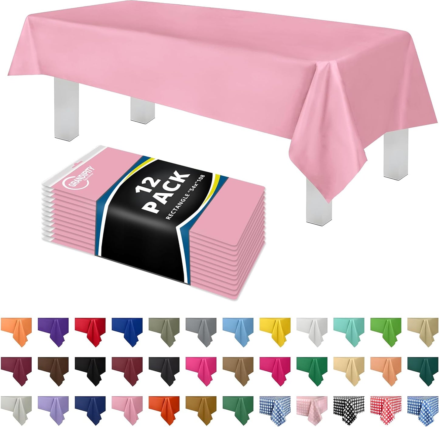 Grandipity 12 Pack Premium Disposable Plastic Tablecloth 54 Inch. x 108 Inch. Decorative Rectangle Table Cover - Pink