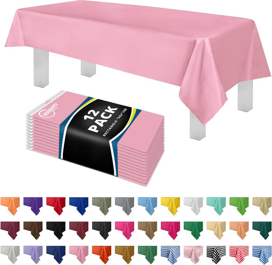 Grandipity 12 Pack Premium Disposable Plastic Tablecloth 54 Inch. x 108 Inch. Decorative Rectangle Table Cover - Pink