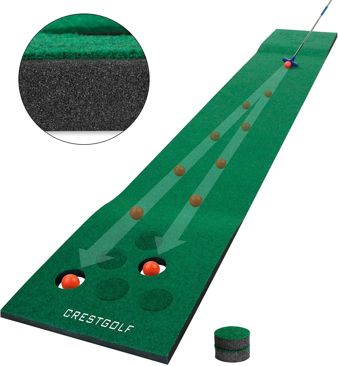 Crestgolf Mat Game Set Green Mat, Putting with 2 Adjustable Putters, 6 Golf Balls,12 Golf Hole Covers for Indoor&Outdoor Short Game Office Party Backyard Use