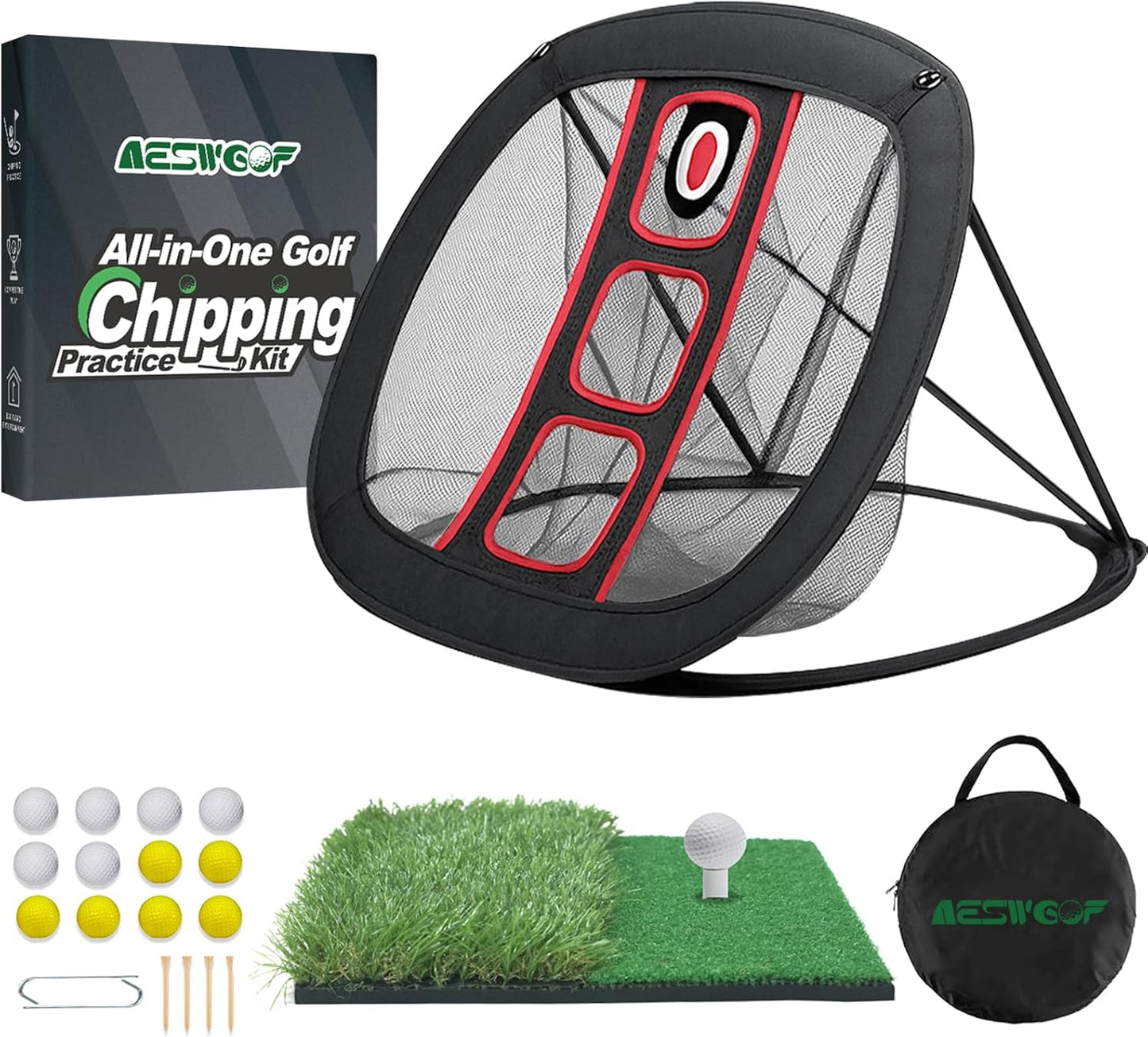 Golf Chipping Net Set with Mat & 12 Practice Balls – All-in-One Golf Training Kit – Portable, Easy Setup for Backyard & Indoor Use – Great Gift for Golfers and Beginners