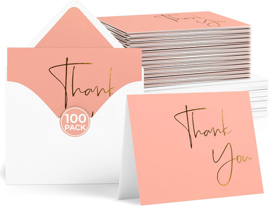 VNS Creations Gold Foil Thank You Cards With Envelopes Bulk Set & Stickers - 100 Pack 4x6 Blank Thank You Notes Box Set - Large Note Card Small Business, Wedding, Baby Shower & Bridal Shower - Peach