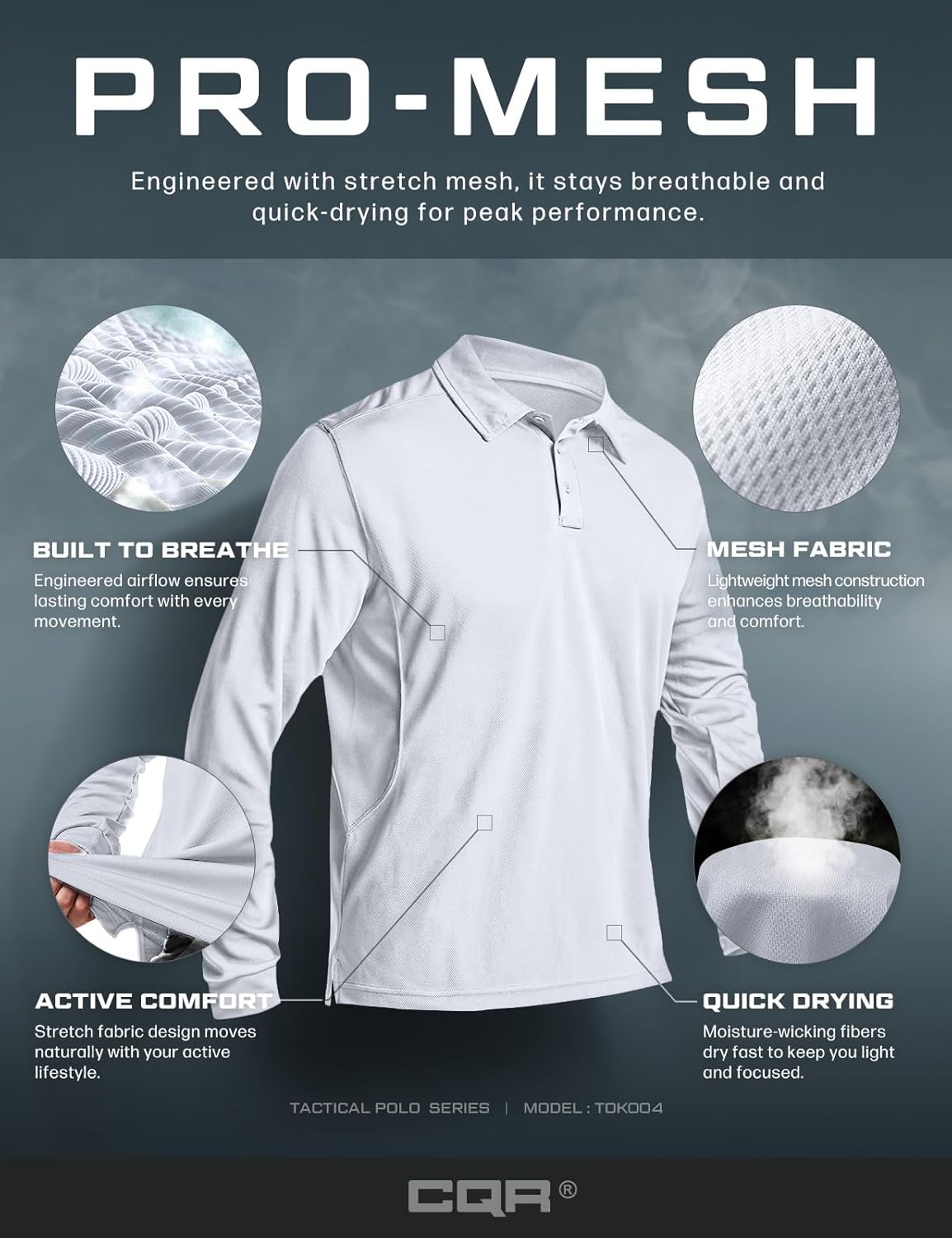 CQR Men's Polo Shirt, Long Sleeve Tactical Shirts, Outdoor UPF 50+ Pique Shirt, Dry Fit Lightweight Golf Shirts