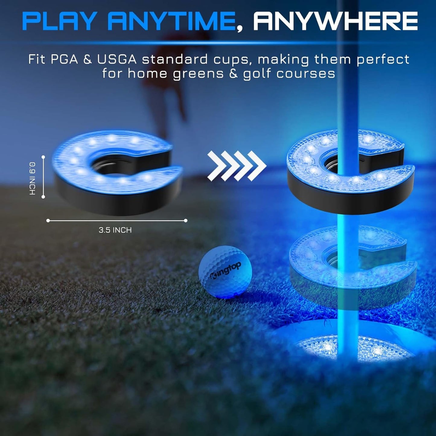 KINGTOP LED Golf Hole Light with Anti-Glare Lens - Battery Operated, Glow in The Dark Putting Cup Lights, Ideal for Night Golf, Backyard Practice Putting Green & Golf Parties