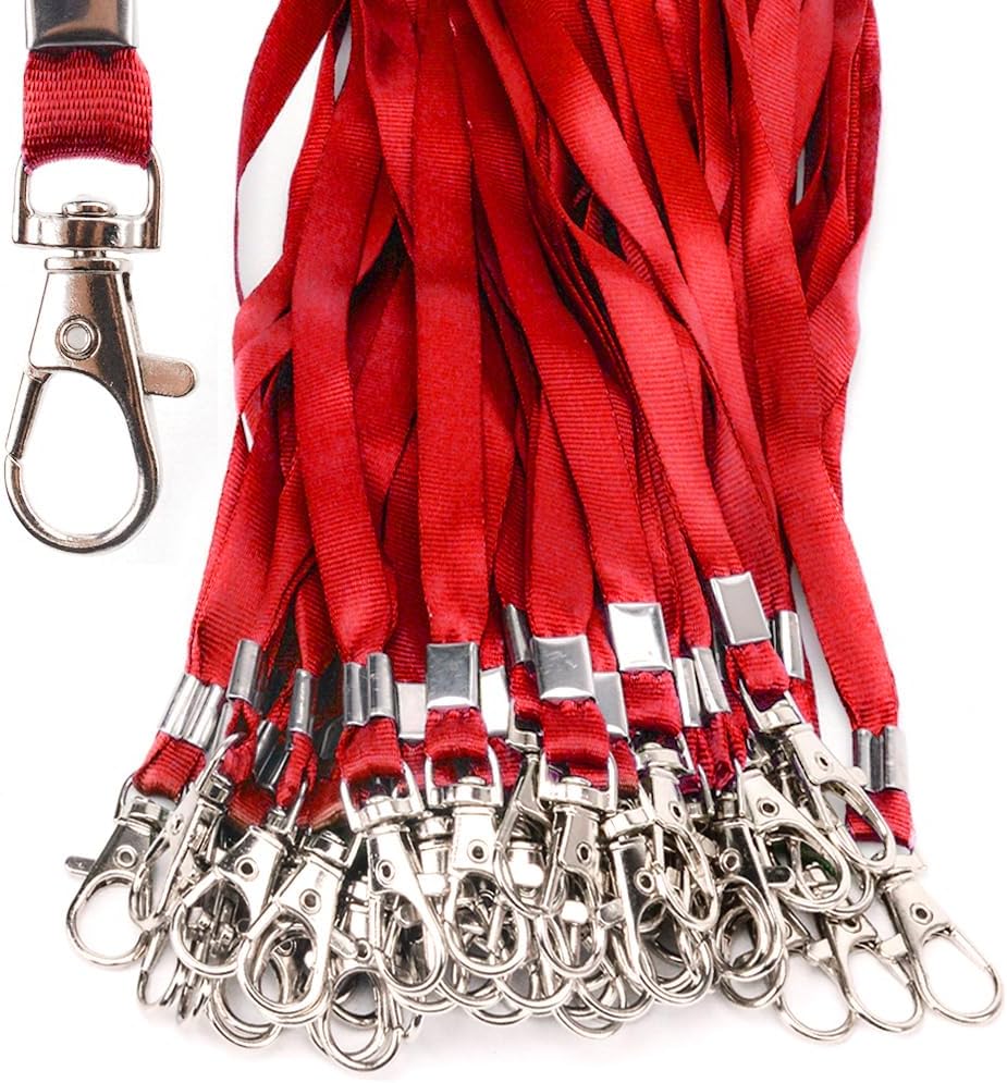 Lanyards 100 Pcs Bulk Lanyard for Id Badges Flat Black Lanyard with Badge Clip Swivel Hook (100, Red)