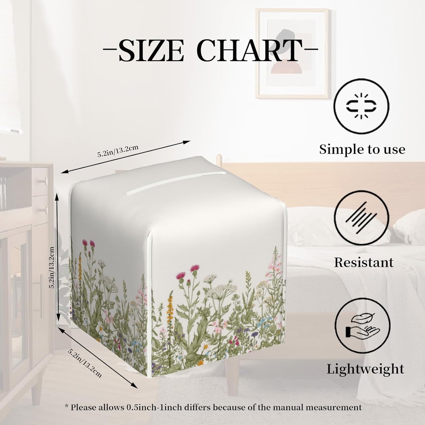 Tissue Box Cover Square, Herbs and Wild Flowers Leather Tissue Box Holder Decorative Organizer for Bathroom, Home Office Car Decor