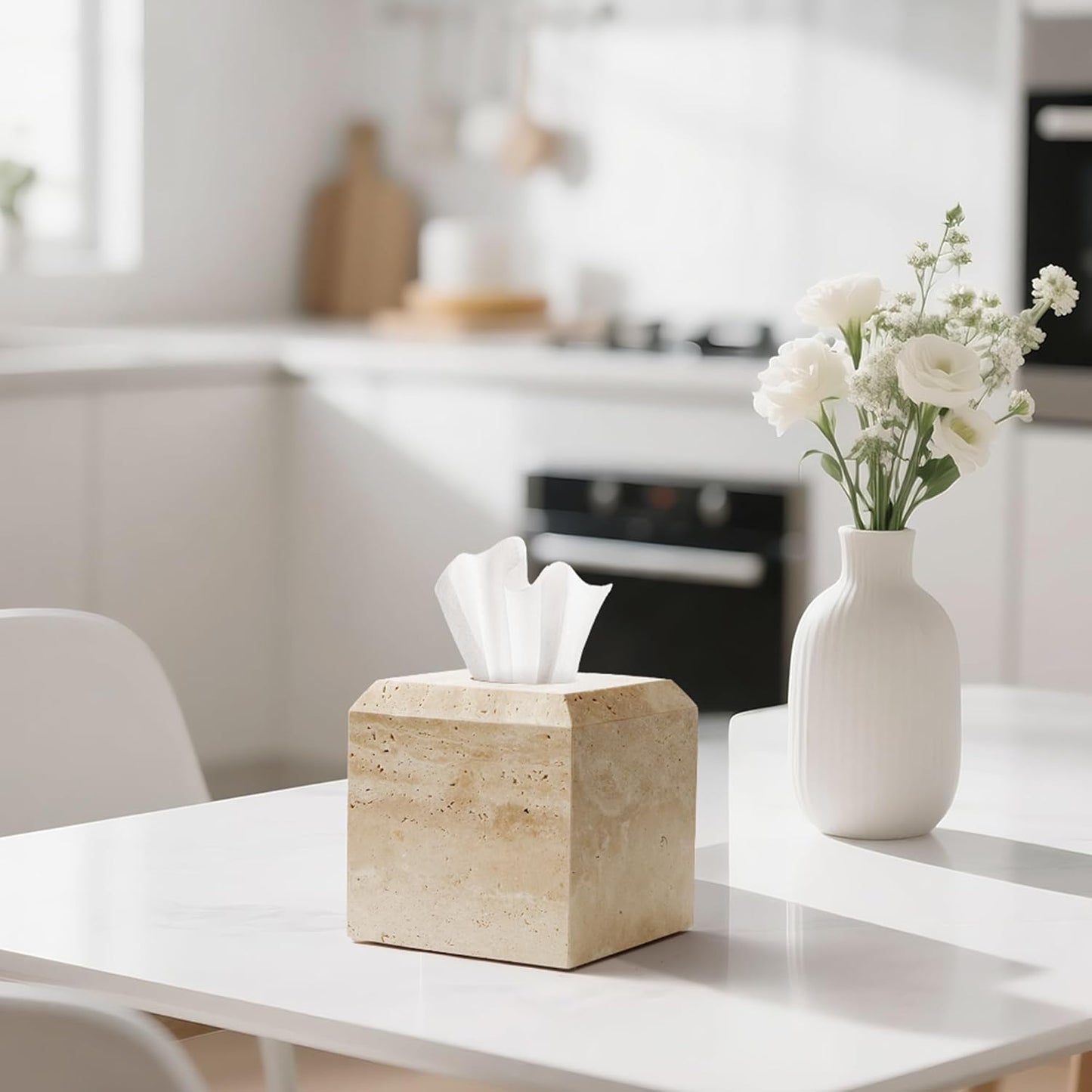 WORHE Tissue Box Cover Italy Natural Travertine Stone Heavy Duty Square Facial Toilet Paper Holder for Bathroom Living Room Bedroom Dresser Kitchen Minimalistic Office Home Decor Beige (TBC145WT)
