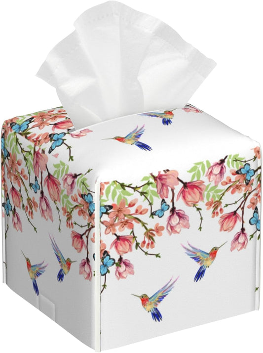Hummingbird and Flowers Tissue Box Cover Square,Pink Floral Bird Butterfly Tissue Box Holder Waterproof Leather Facial Paper Organizer Dispenser for Bathroom Home Car Nightstand Vanity Desk