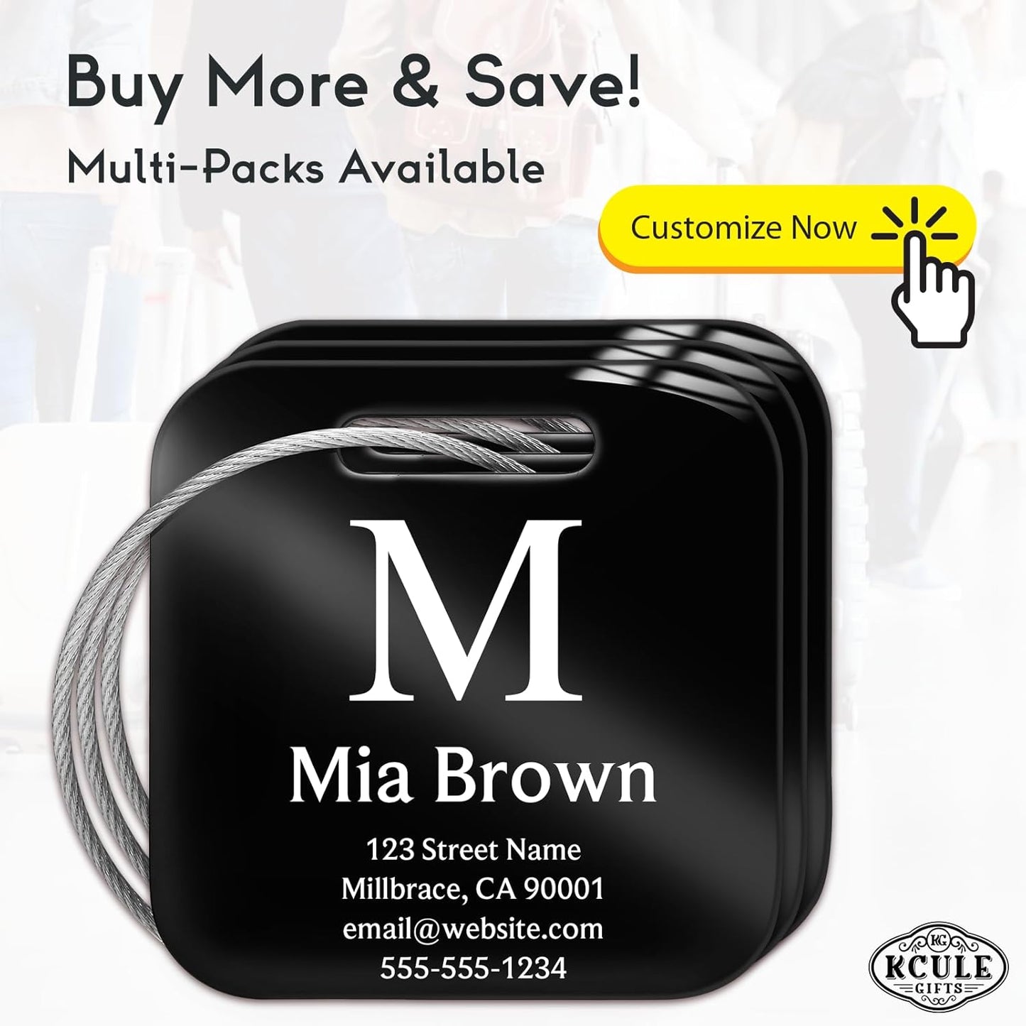 Customized Stainless Steel Luggage Tags: Personalize Your Suitcases, Backpacks, and Bags with Your Text (Black)