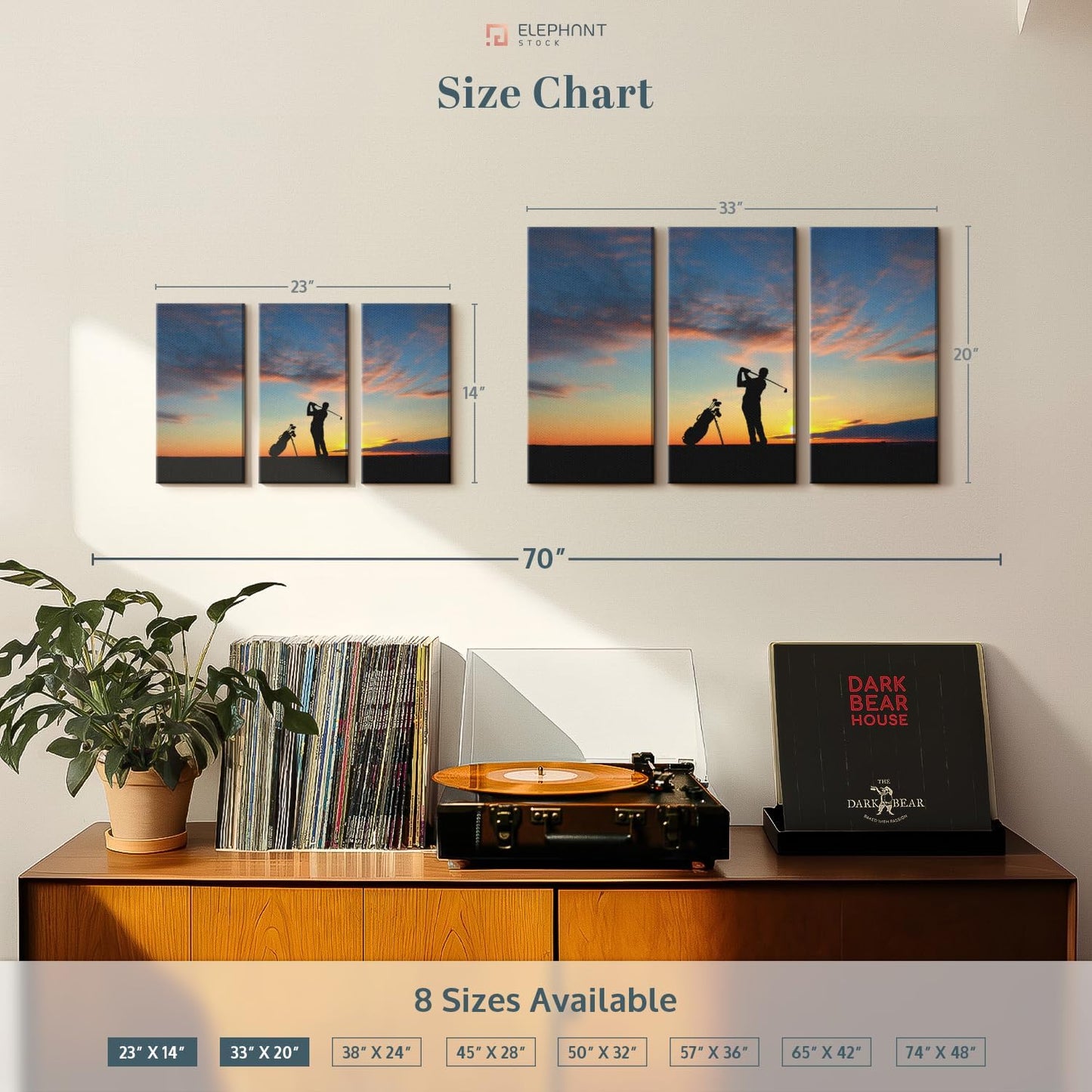 ElephantStock Golfing At Sunset Wall Art - Horizontal Canvas - 3-Piece Living Room Wall Decor - Golf Photography Canvas Print - Black and Orange Decor for Wall - 33" X 20"