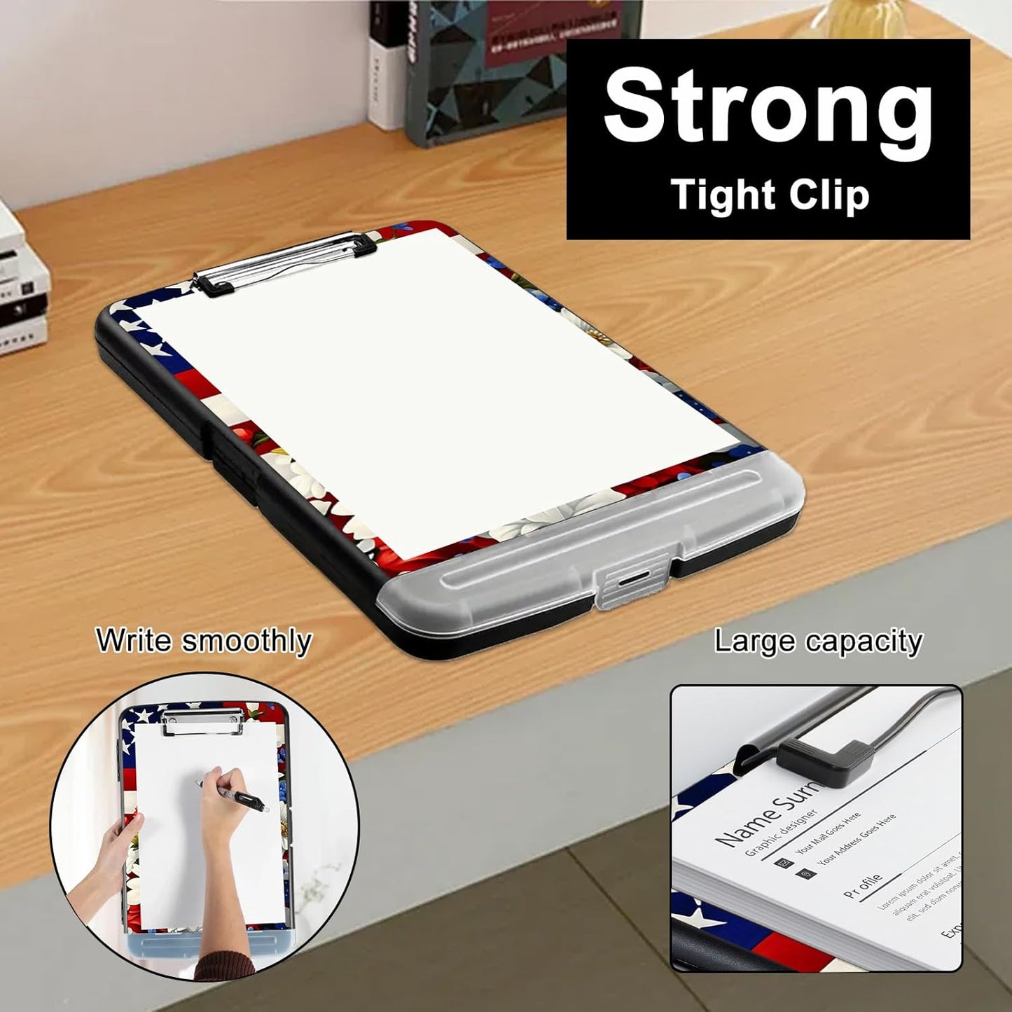 Clipboard with Storage - Large Capacity,Nursing Clipboard with Pen Holder,Heavy Duty,Plastic Side-Opening Folder for Teacher,Nurse - American Flag Flowers Bouquet