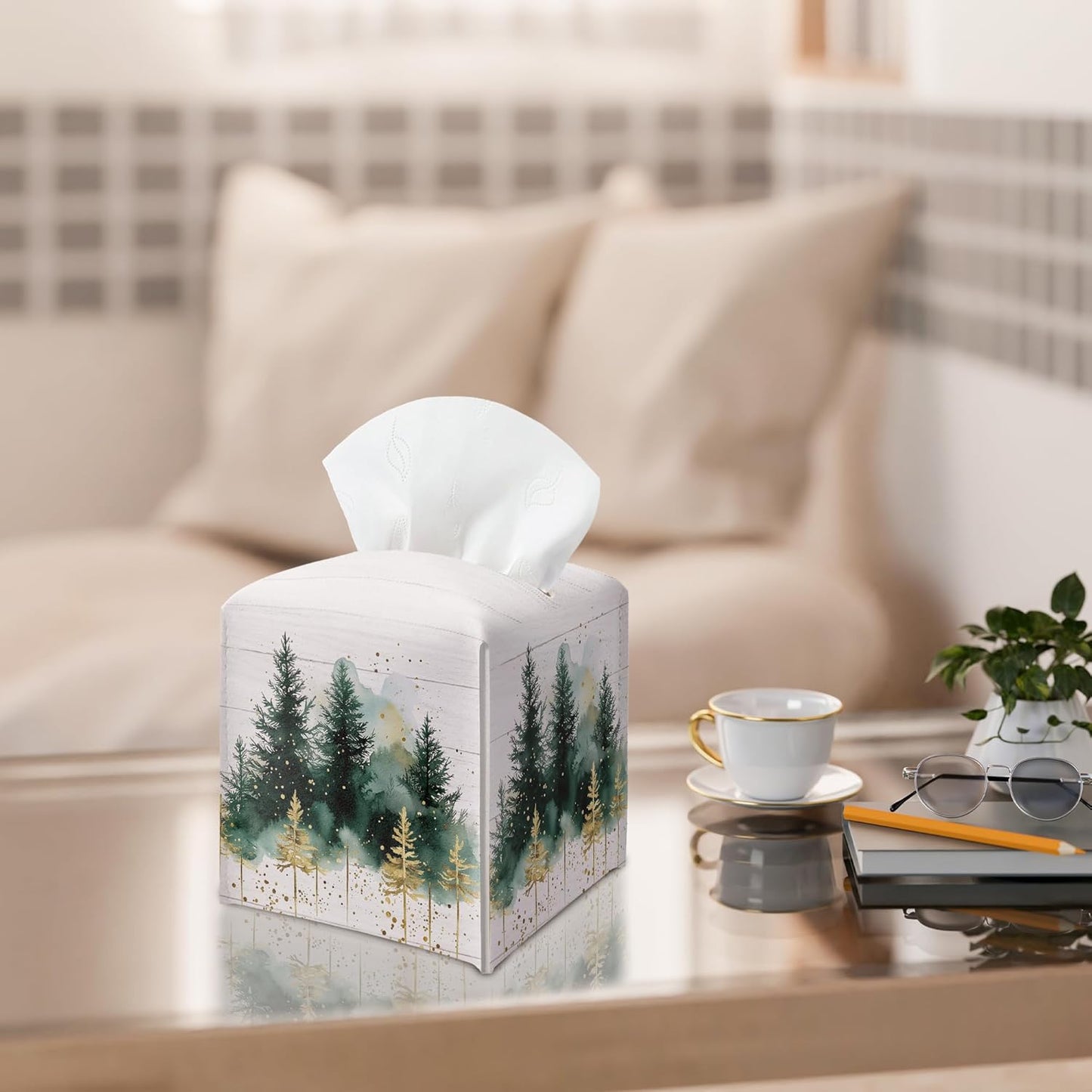 Winter Pine Tree Tissue Box Holder, Christmas Tree Leather Tissue Box Cover Square, Paper Facial Decorative Tissues Cover for Night Stands Bathroom Kitchen Office Home Decor-B17