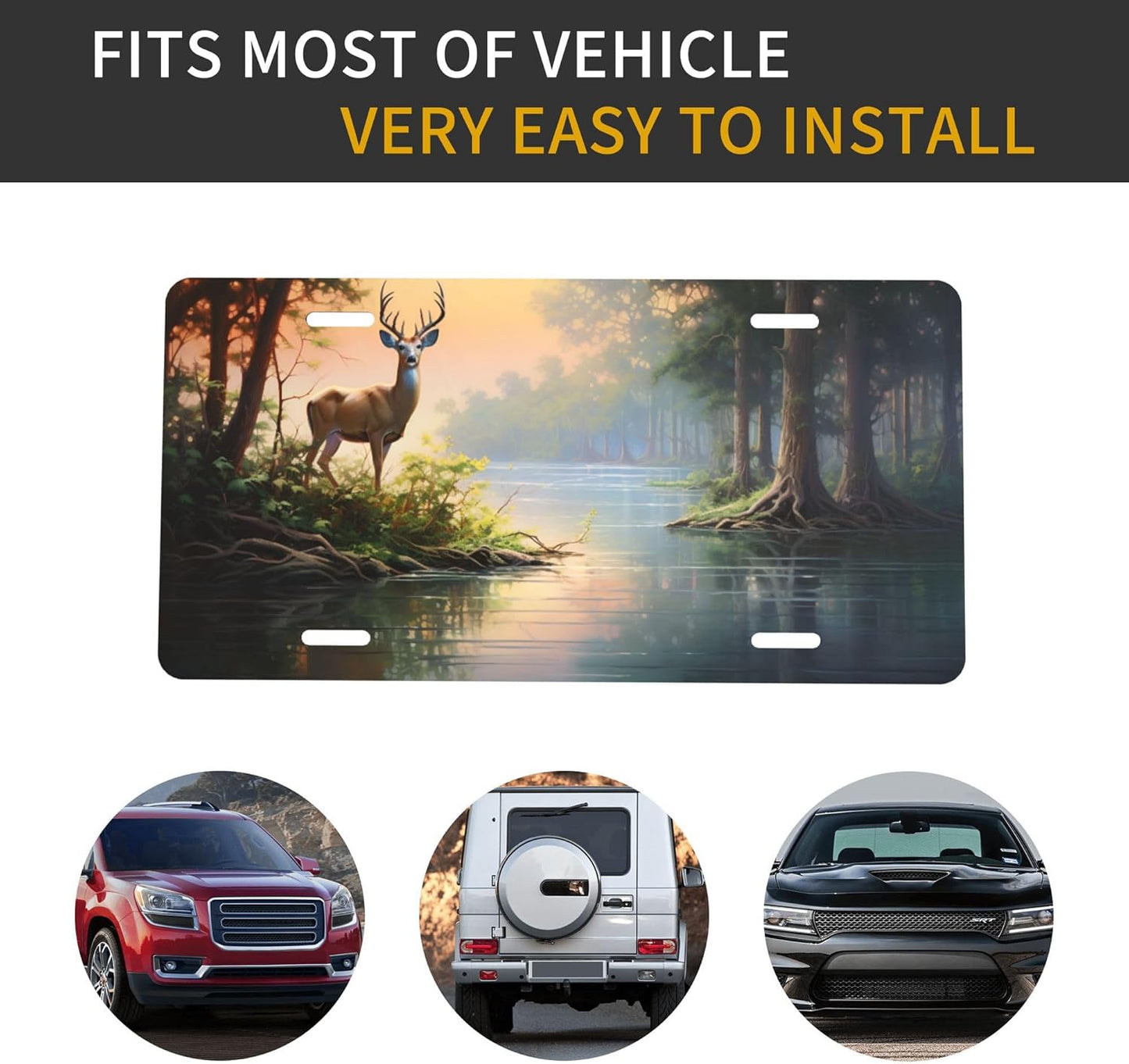 Front License Plate for Car Designs Lake Animal Deer Forest Stainless License Plate Cover Holder for Men Women Metal Aluminum Decorative Accessory Vanity Tag Standard 6 X 12 Inch (4 Holes)