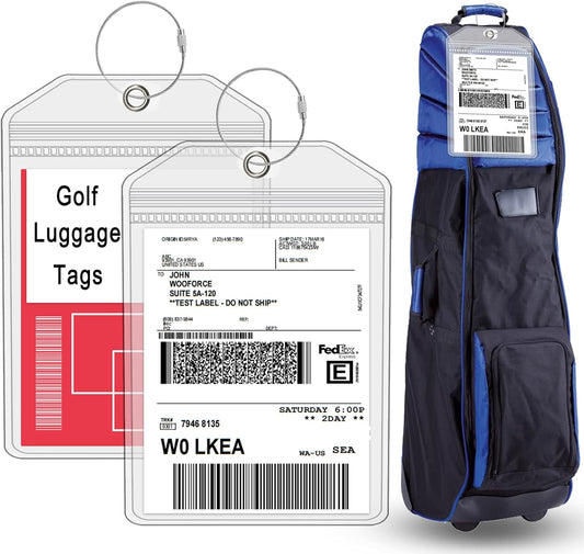 Extra Large Golf Luggage Tag 9" x 6 ", Shipping Label Holder for Golf Bag- Plastic Waterproof Zipper Pouch - PVC Luggage Tag for Ship Sticks 4 Packs