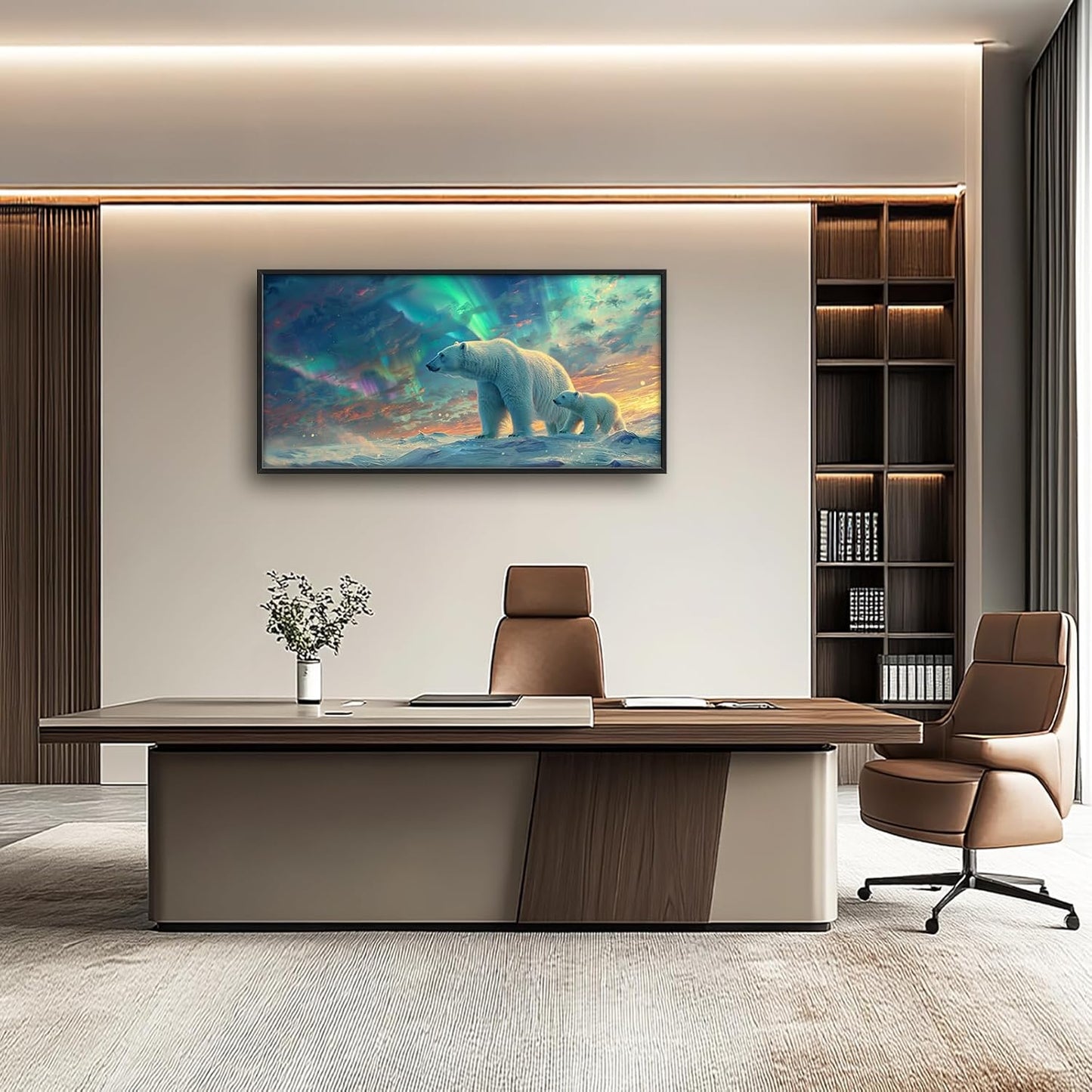 Large Polar Bear Framed Wall Art for Living Room White Polar Bear Pictures Wall Decor Aurora Canvas Print Painting Artwork Modern Home Decorations for Bedroom Office 60x30 inch