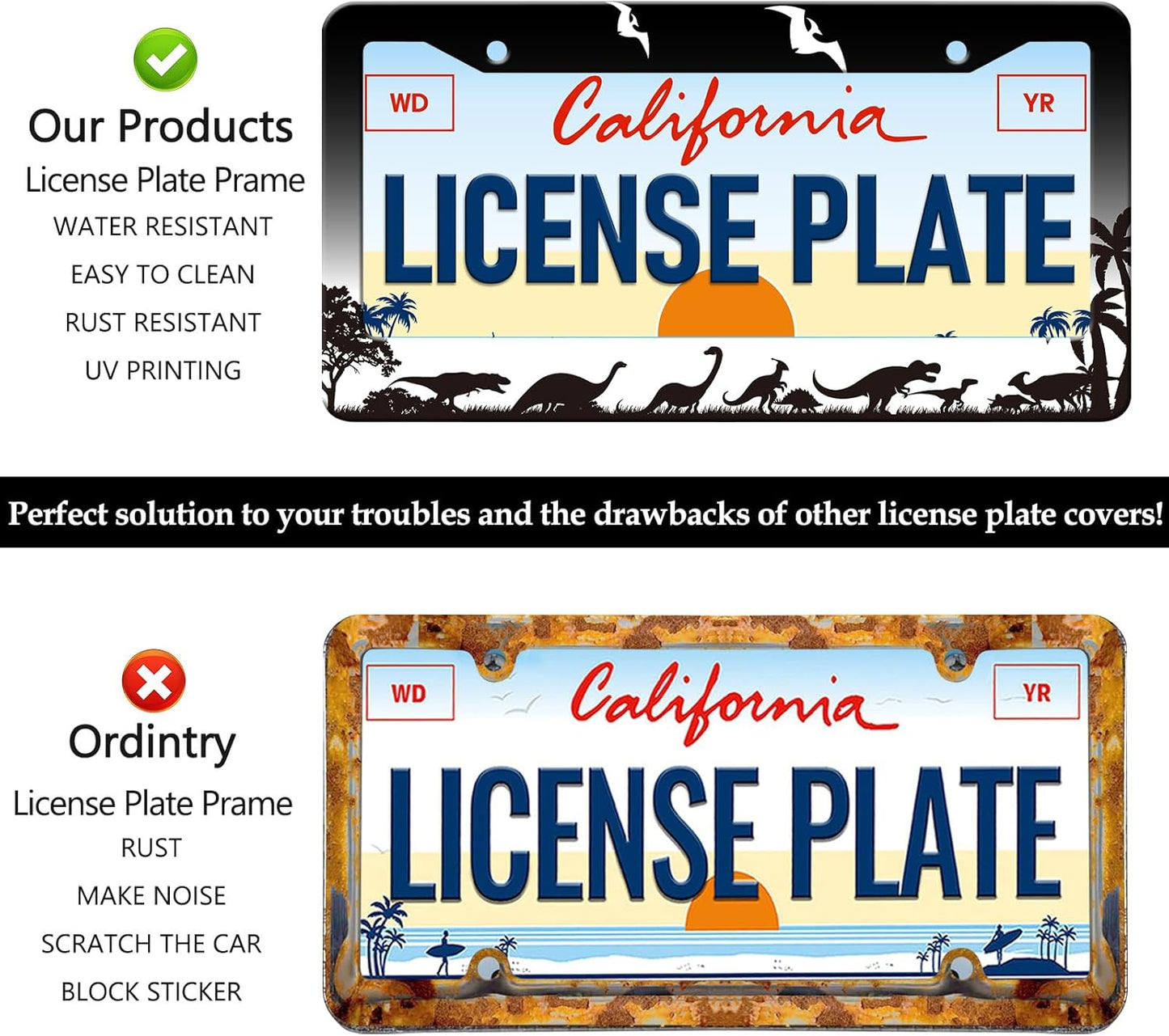 Dinosaurs Silhouette License Plate Frames - 2 Pack Personalise License Plates Holder Covers, Aluminum Metal Rust-Proof Waterproof Car Tag Frame with Screws Fasteners Caps