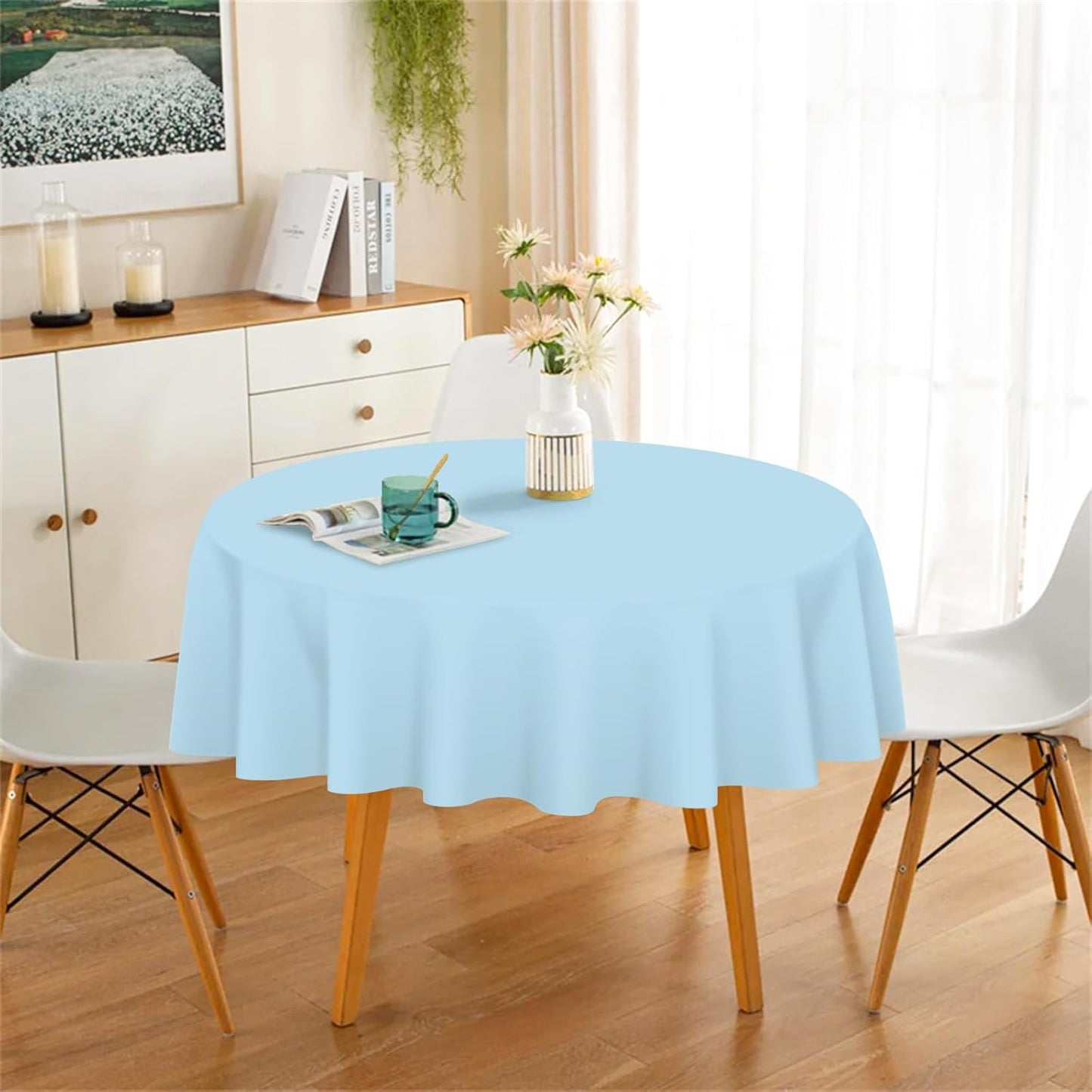 3 Pack Round Disposable Light Blue Tablecloth, Light Blue Plastic Table Cloths for Parties Disposable, 84x84 in Waterproof Camping Tablecloth for Birthday Party Baby Shower Picnic School