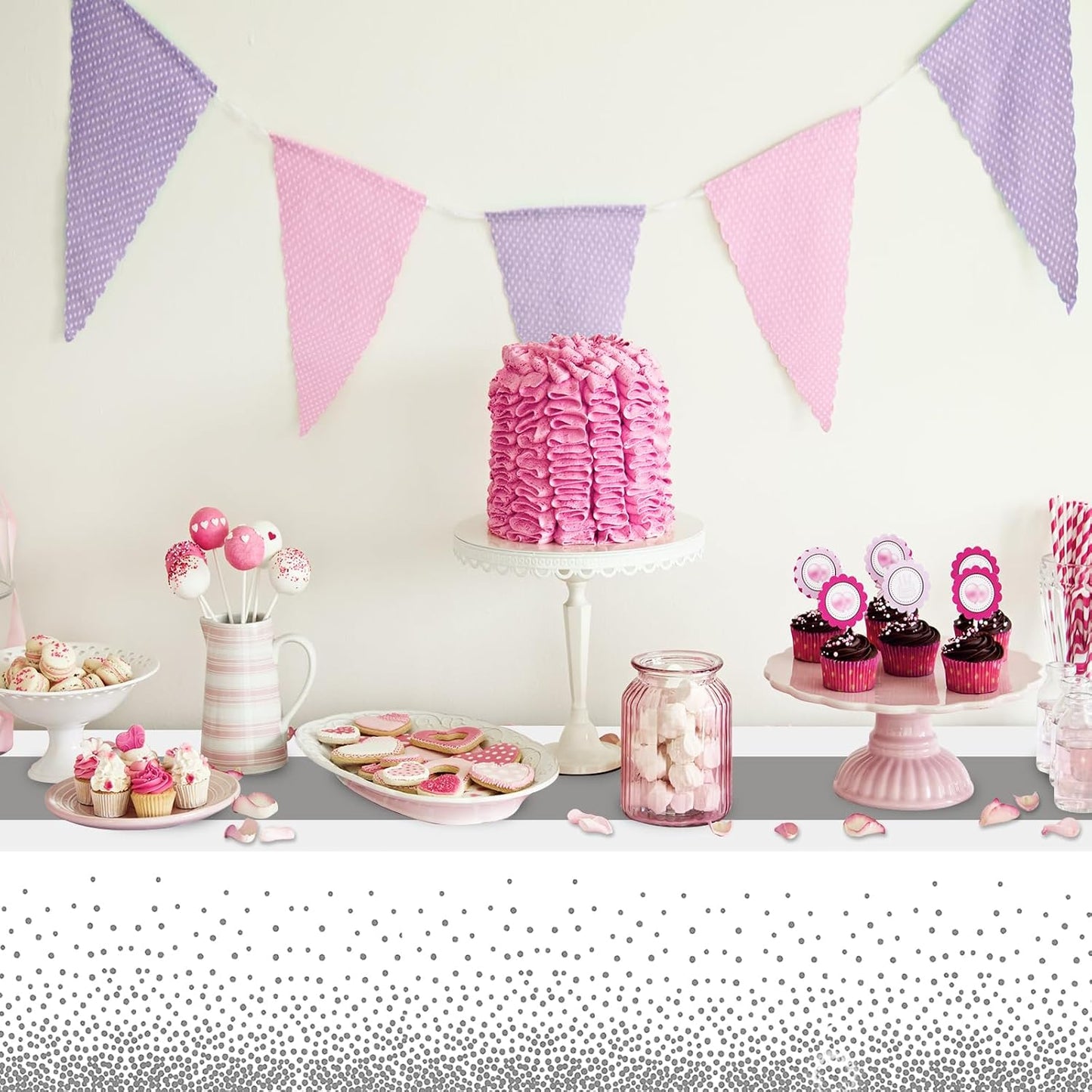 6 Pack Rectangle Plastic Dot Tablecloth Set, 54 X 108 Inch Plastic Table Cover, 12 x 108 Inch Satin Table Runners for Wedding Graduation Birthday New Year Party Decorations (White, Sliver)