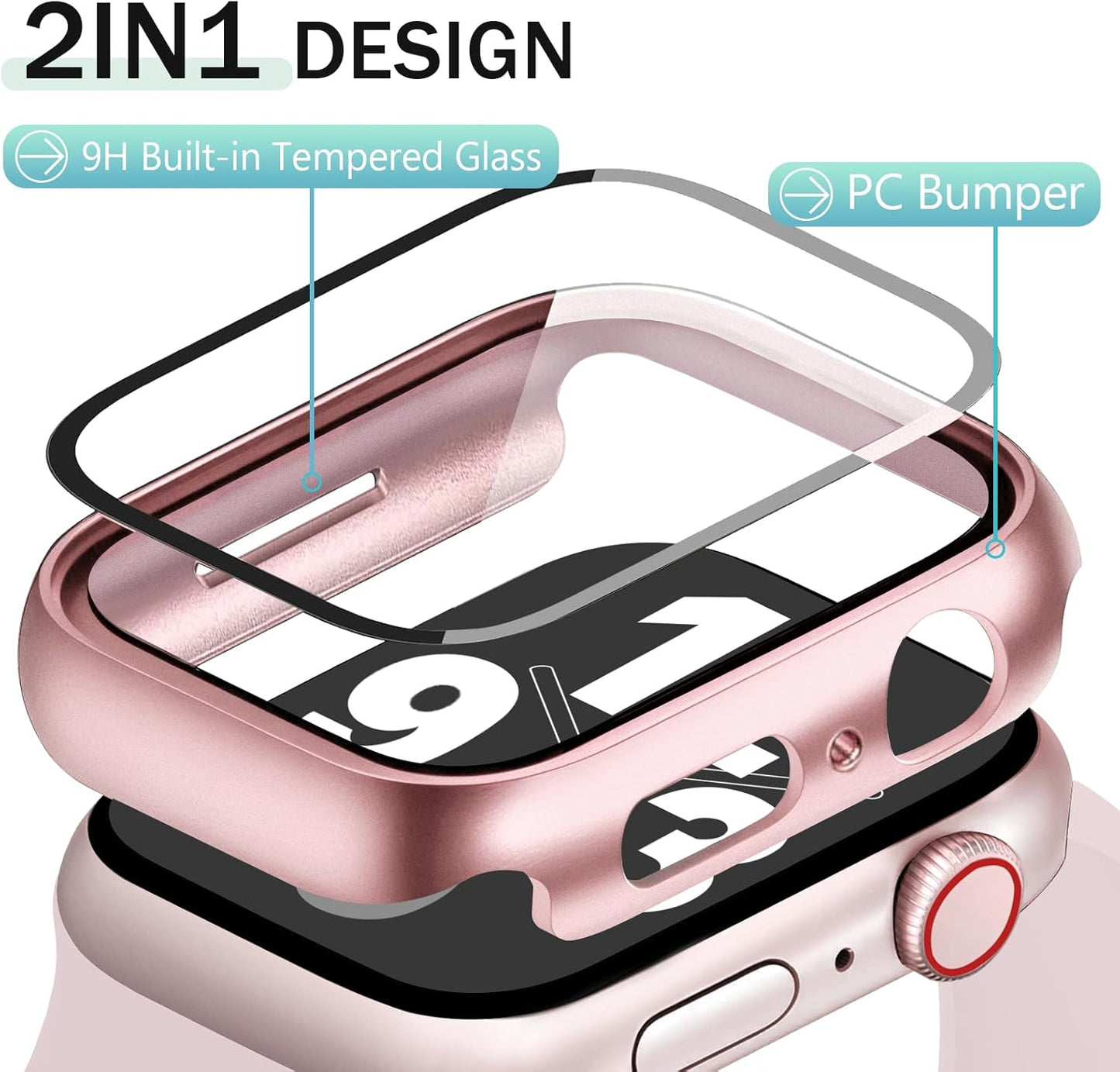 JR.DM 41mm 2 Pack Hard PC Case with HD Tempered Glass Screen Protector for Apple Watch Series 9/8/7, Slim Guard Bumper Full Coverage Protective Anti-Scratch Face Cover for iWatch, Pink/Clear