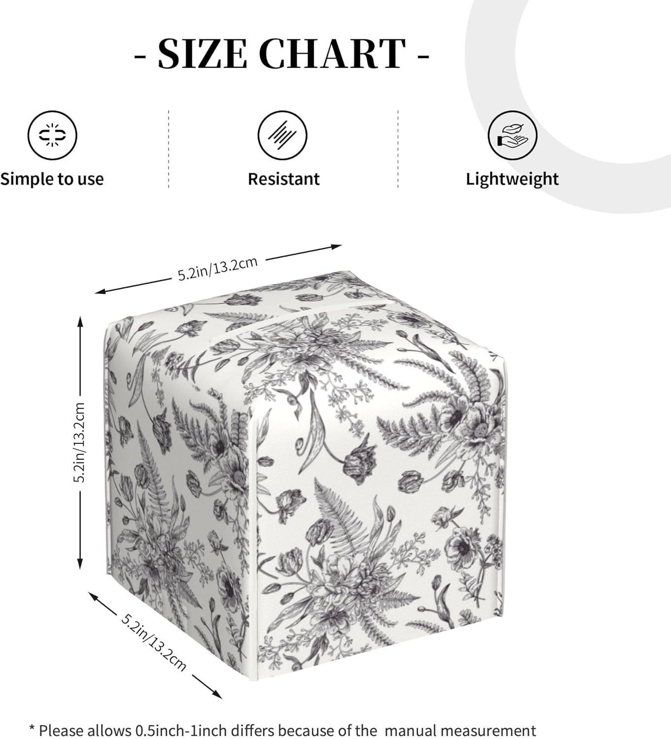 Black and White Flowers Tissue Box Cover Square,Vintage Floral Plant Leaves Tissue Box Holder Waterproof Leather Facial Paper Organizer Dispenser for Bathroom Home Car Nightstand Vanity Desk