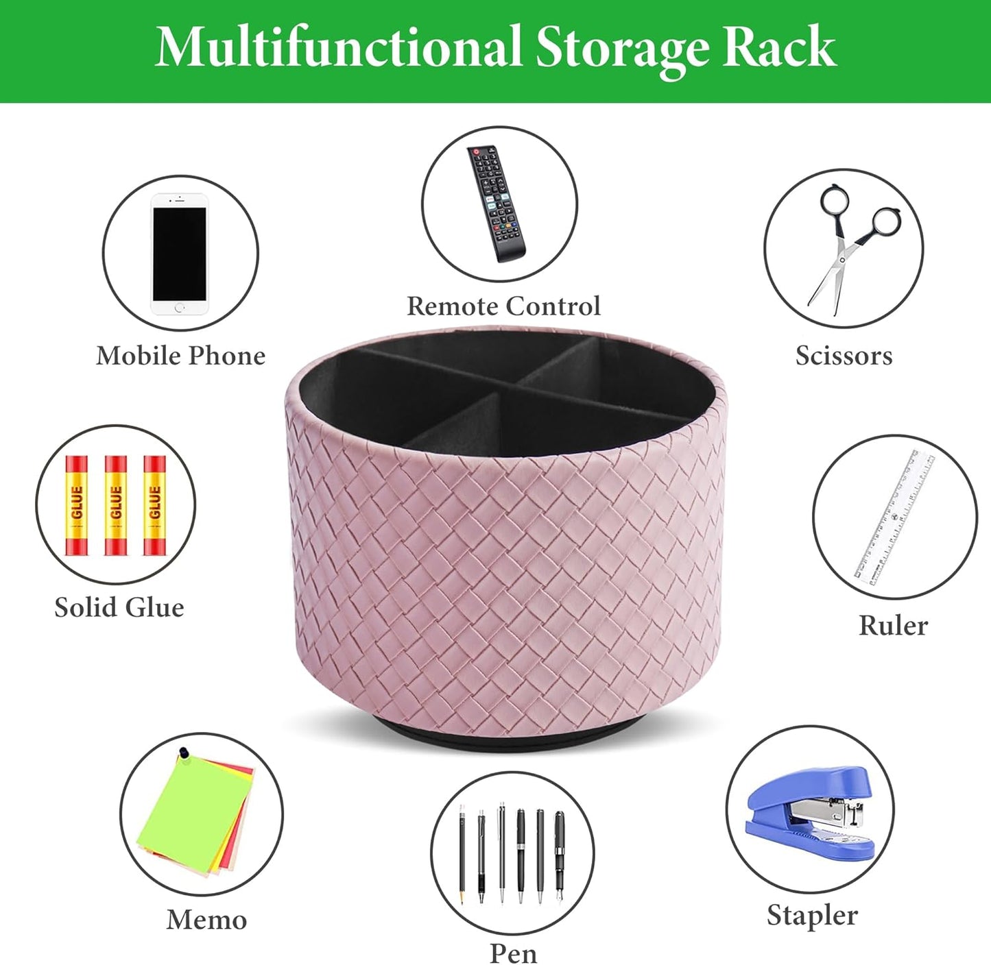 Hennaja Round Leather Art Supply Organizer,Remote Control Holder,360 Degree Spinning,Multi-Functional Pencil Holder,4 Compartments Desktop Stationary Organizer(1-Weave Purple)