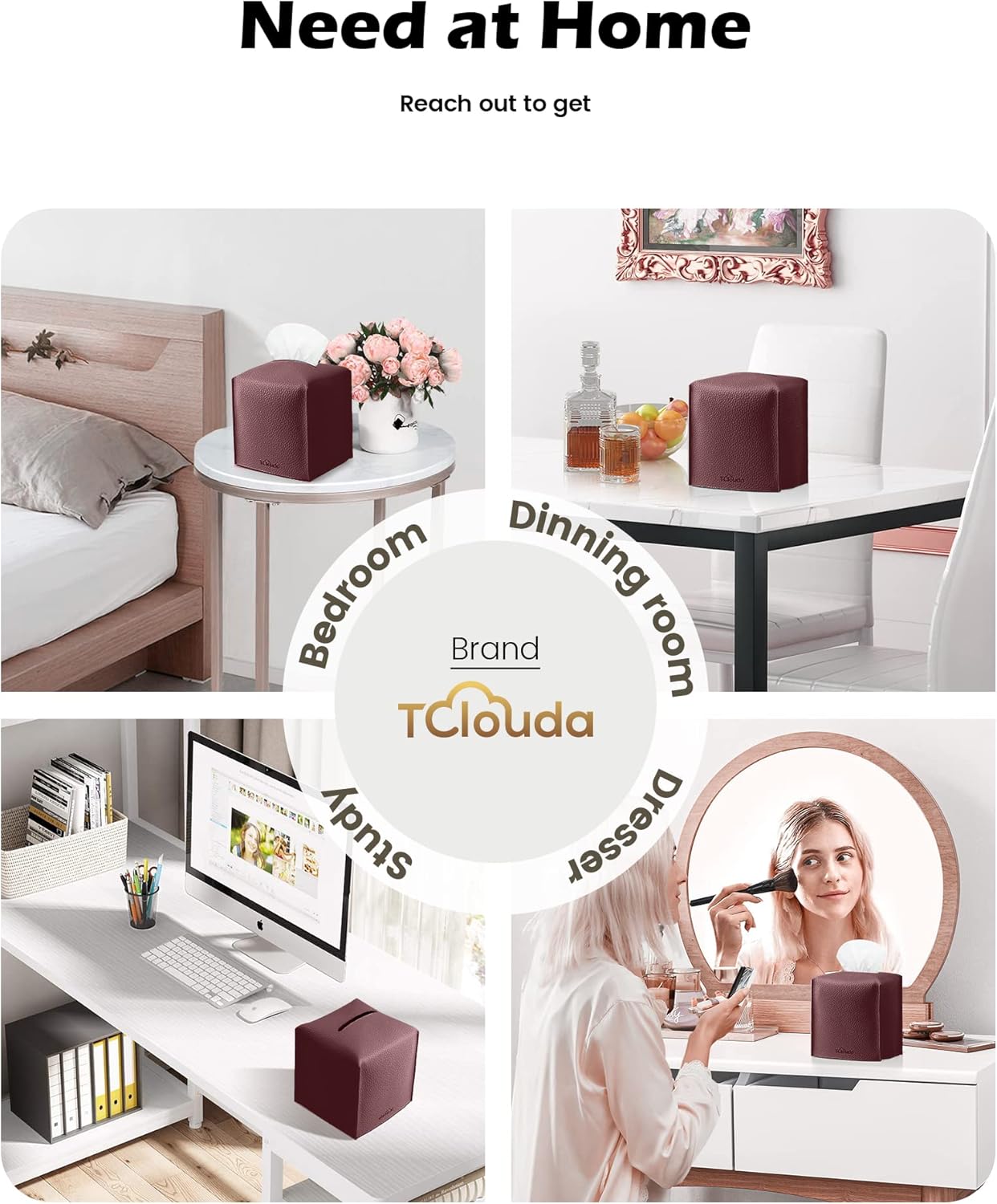 Tissue Box Cover for PU Leather, Modern Simple Solid Color Holder Square Tissue Bag, Ideal for Bathrooms,Office,Car,Nightstand,Outdoor Tent,Dining Table,5"X5"X5", Single Wine