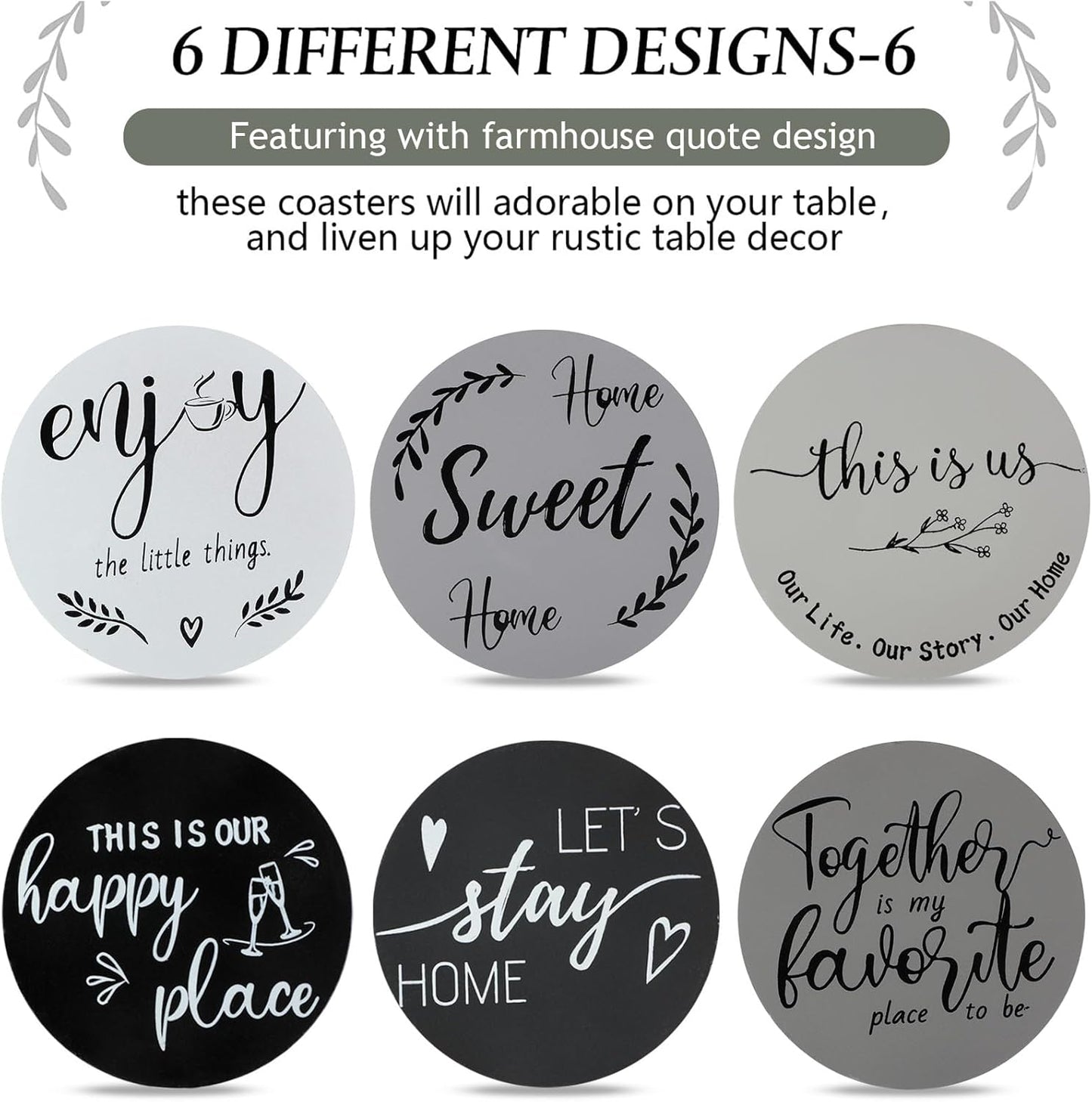 Queekay Housewarming Gifts for Home Decoration Wooden Heart Coasters for Drinks 6 Set Farmhouse Coasters with Holder Funny for Family Coffee Table Protection, 4''(Gray)