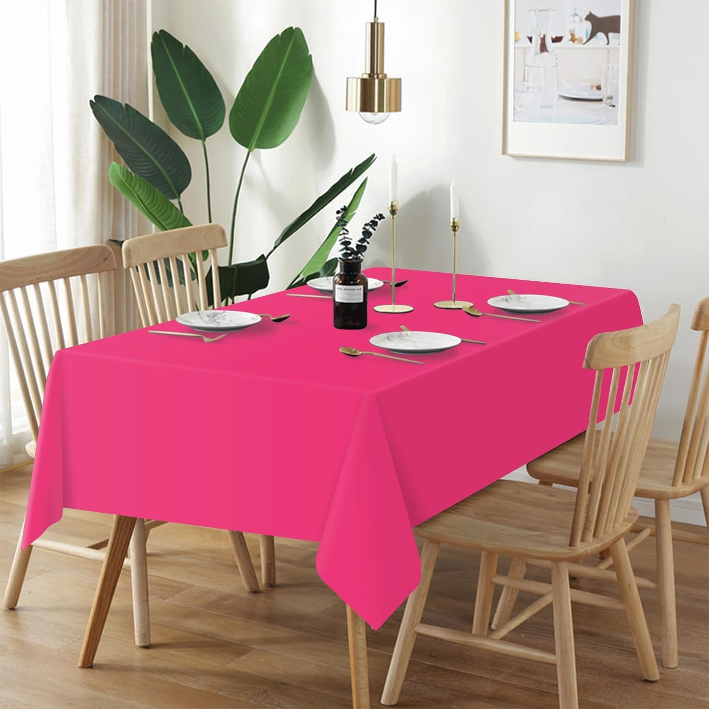 QIKSION Plastic Table Cloth Disposable 6 Pack, 54 x 108 Inch Tablecloths for Rectangle Tables, Hot Pink Plastic Table Cover